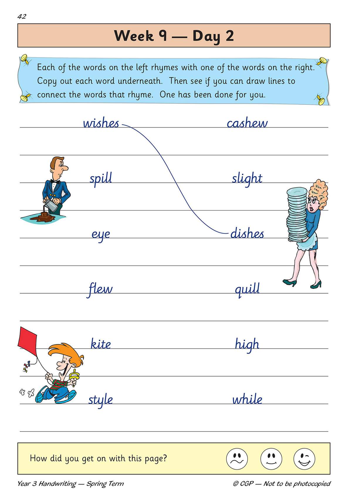 Children copy words and draw lines to match rhyming pairs, then self-assess with a smiley face