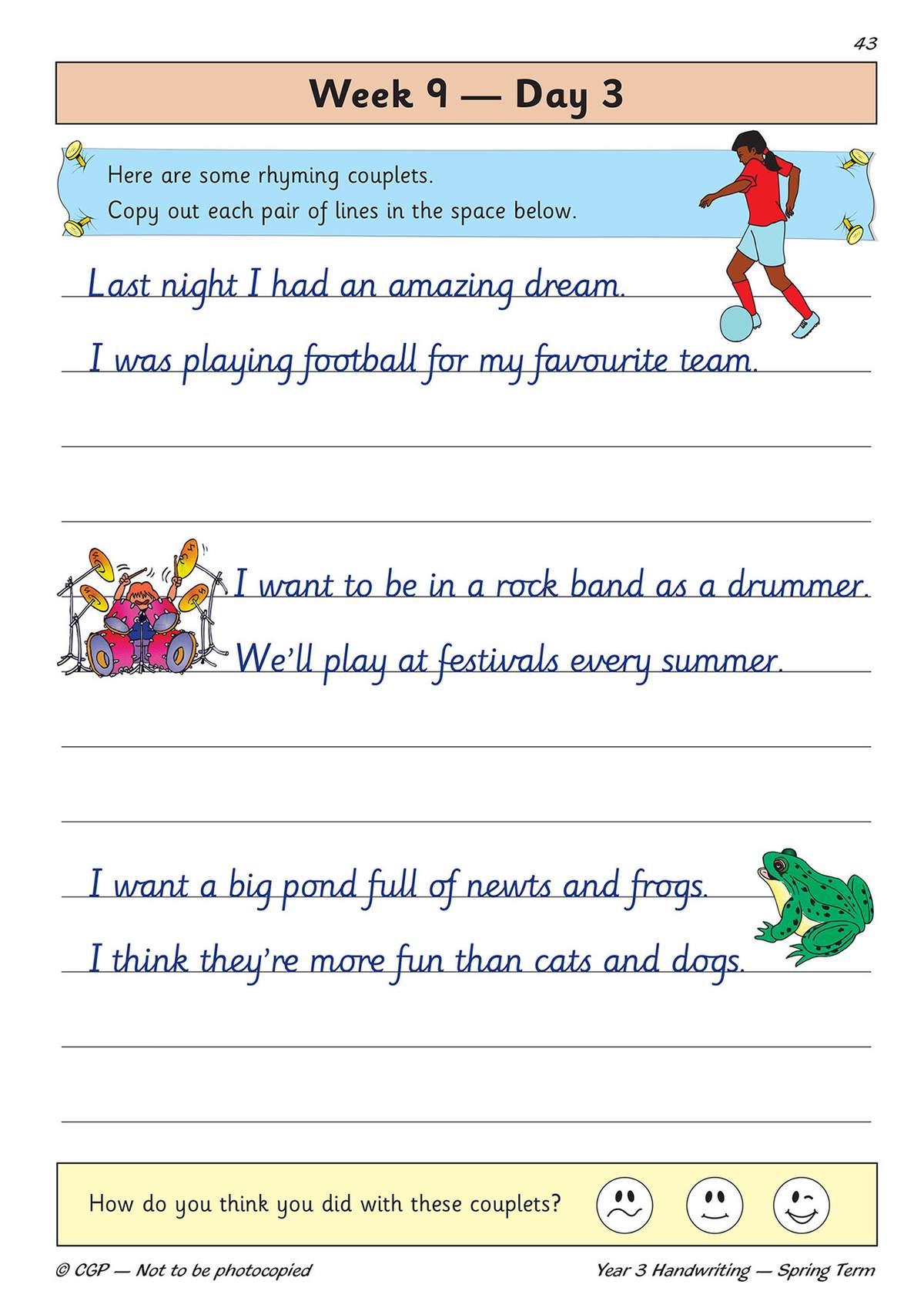 Children copy three pairs of rhyming sentences onto lined paper, then tick a face to self-assess their work