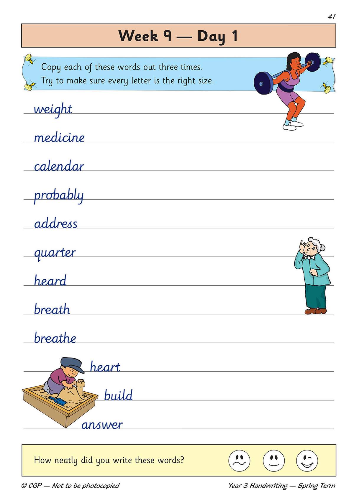 Children copy ten words three times on lined paper, then tick a face to self-assess their neatness