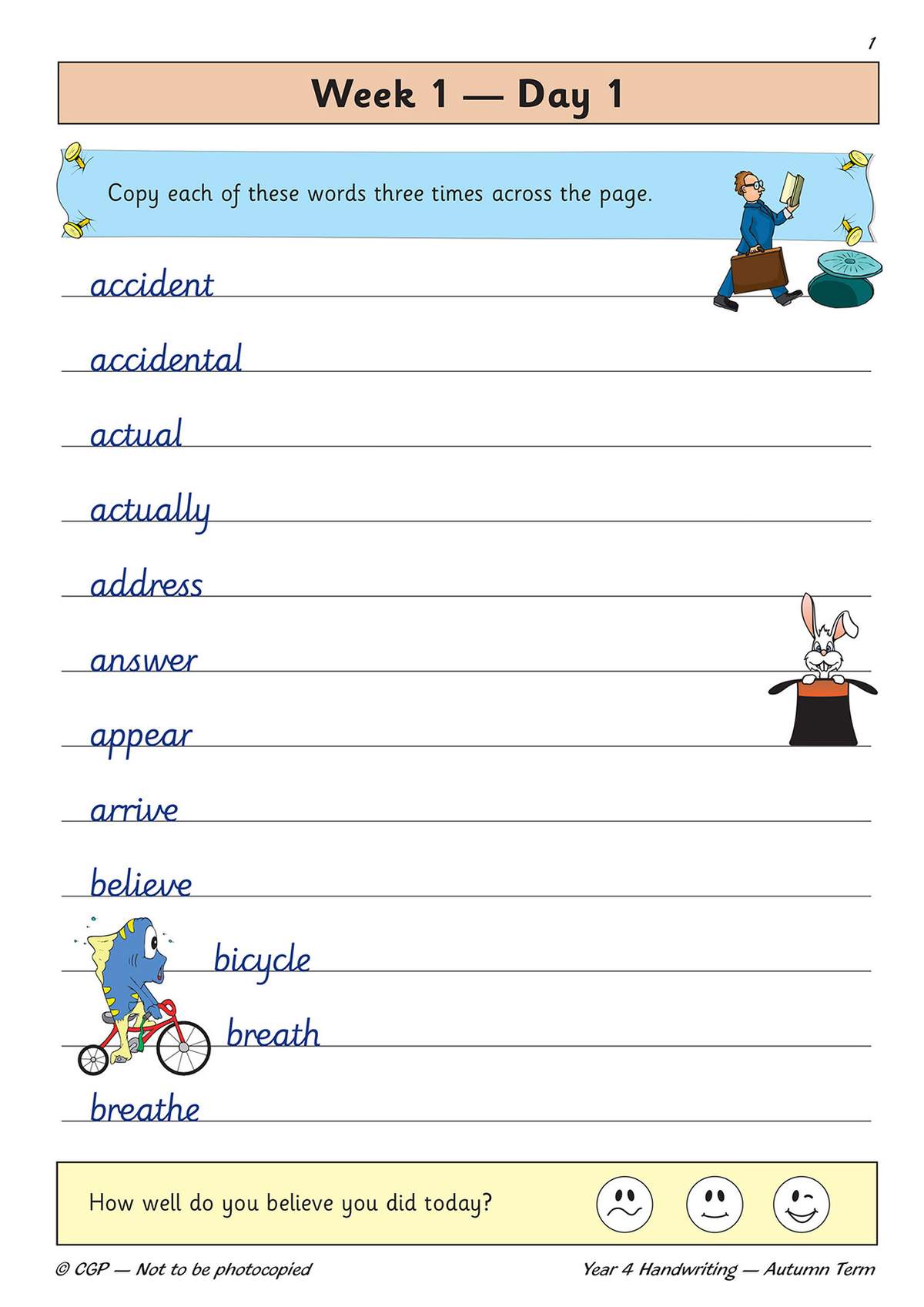 Children copy ten words three times each, then tick a face to rate their own handwriting