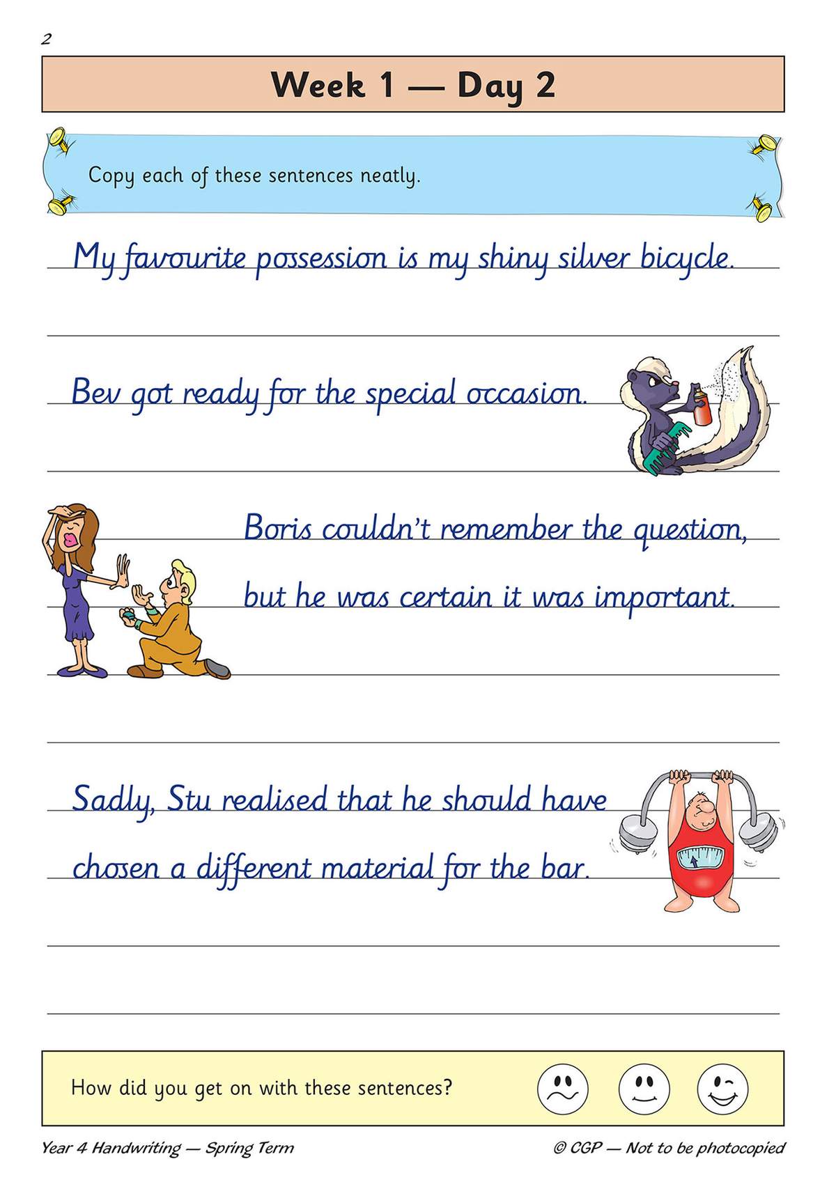 Children copy four sentences onto lined paper, then tick a face to self-assess their work