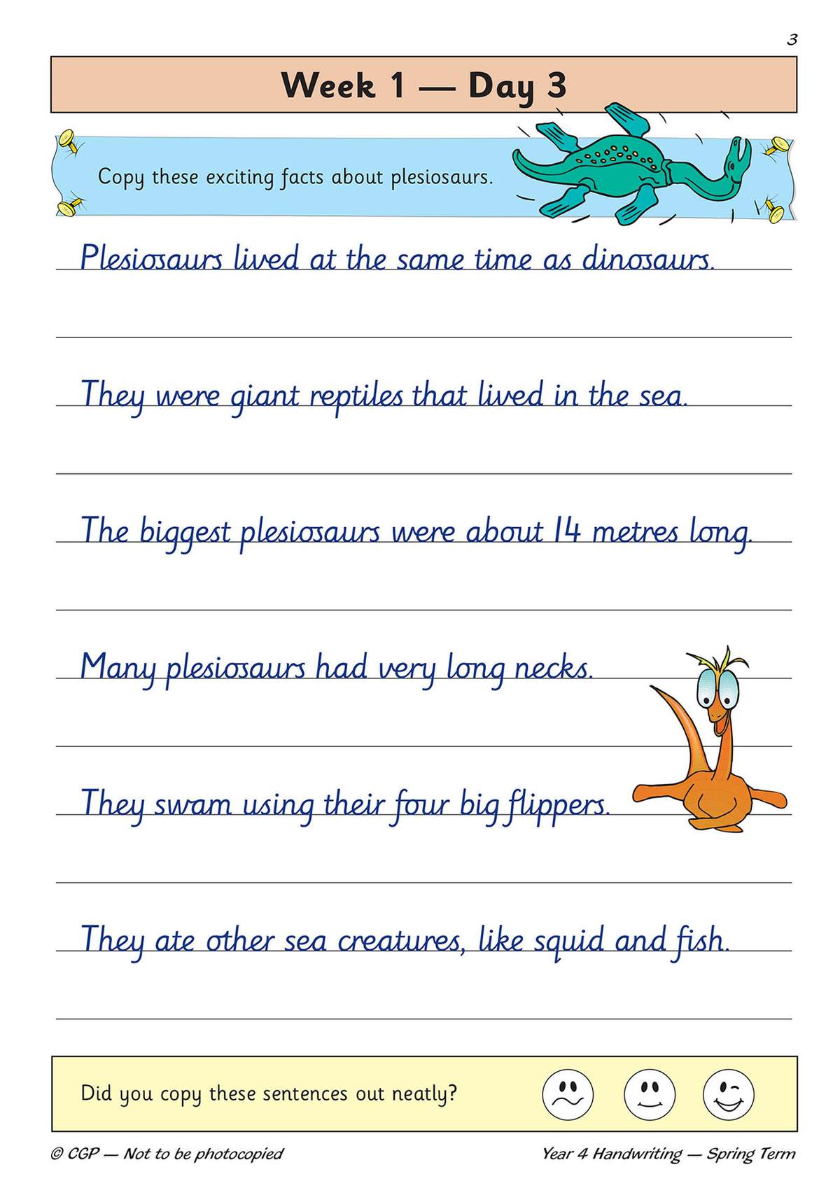 Children copy six facts about plesiosaurs onto lined paper, then tick a face to self-assess their neatness