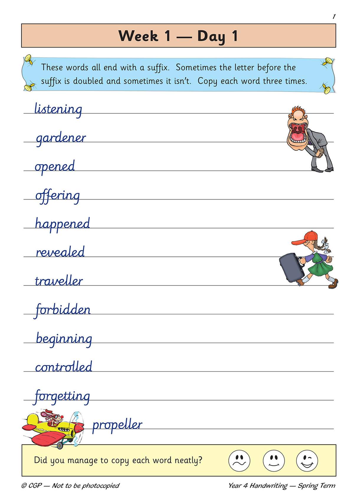 Children copy ten words three times on lined paper, then tick a face to self-assess their neatness