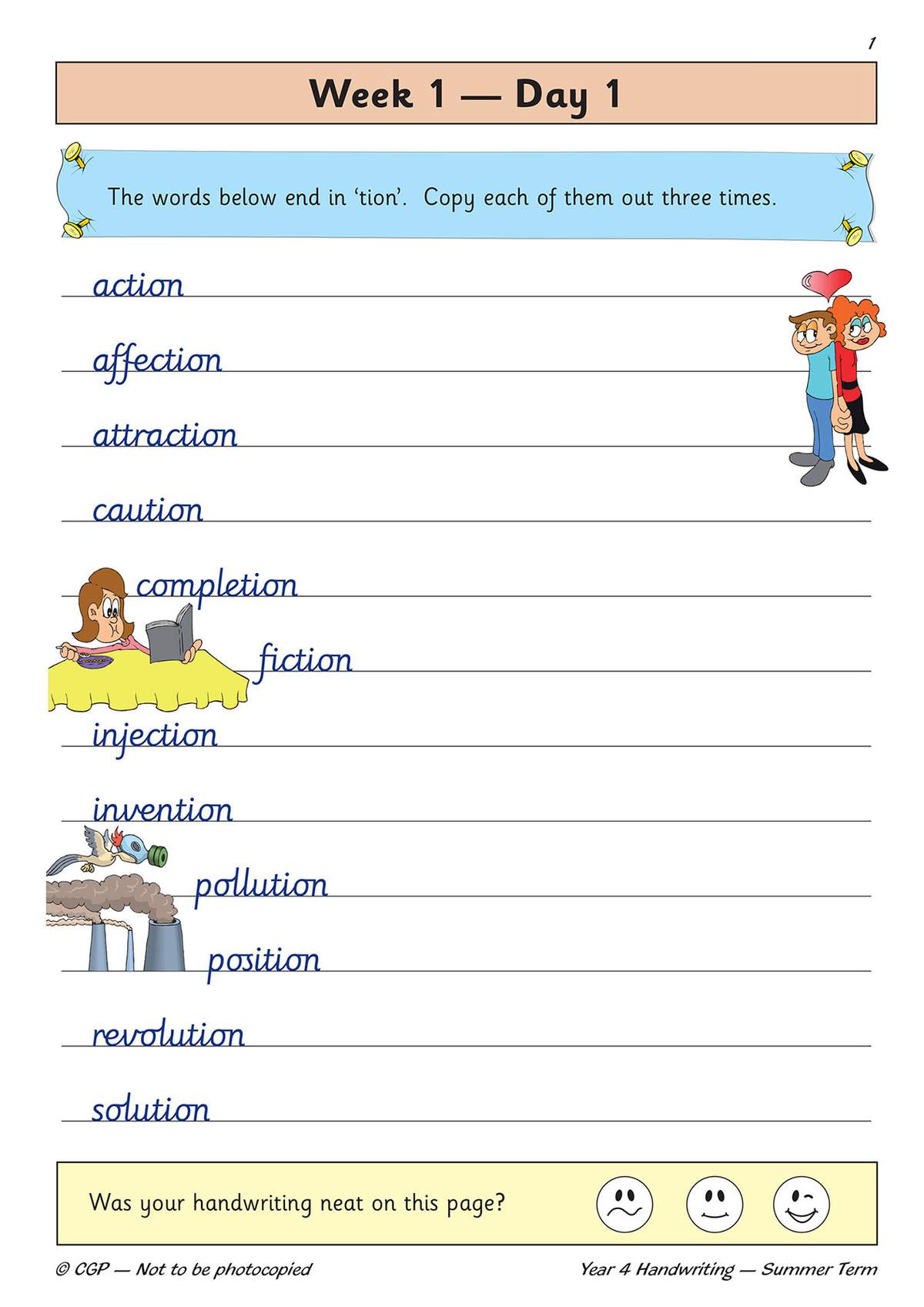 Children copy ten words ending in 'tion' three times each to practise neat handwriting