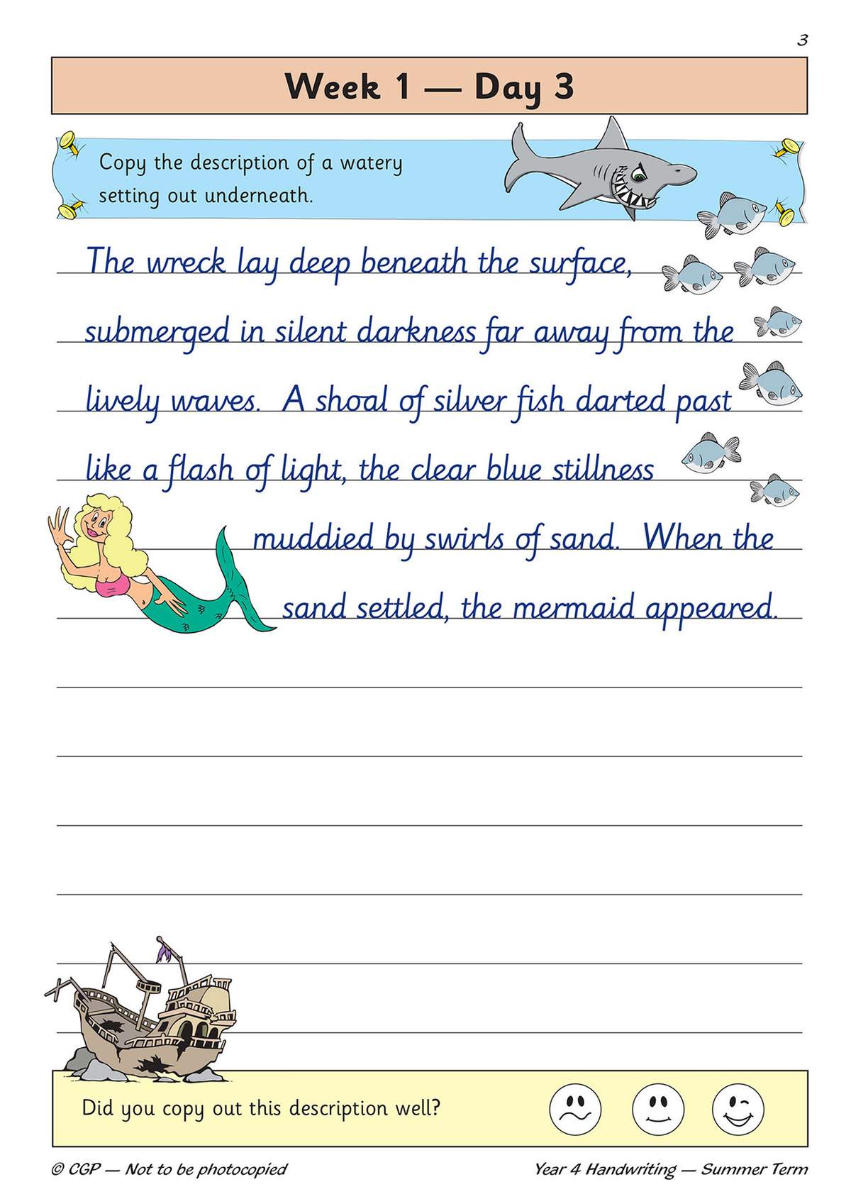 Children copy a descriptive paragraph about a mermaid and shipwreck, then self-assess their work with a smiley face