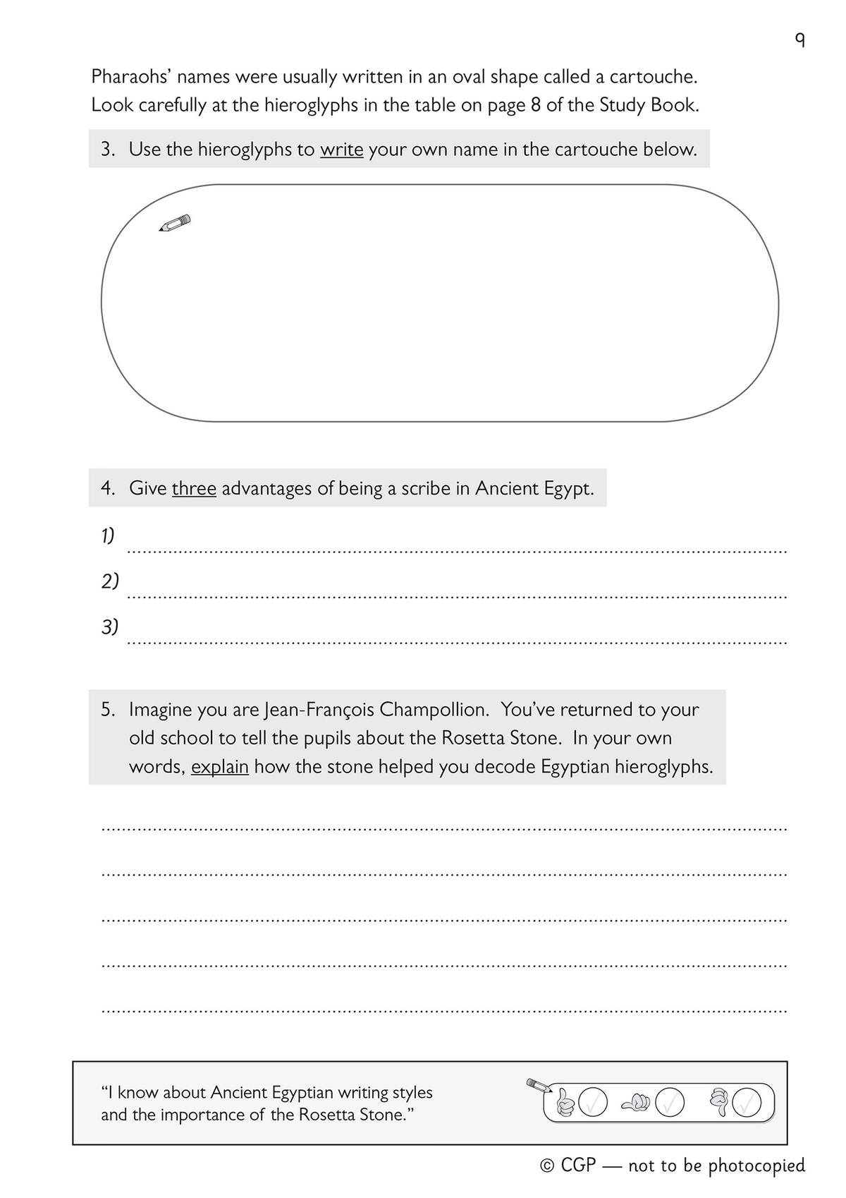 Three questions on Ancient Egyptian writing styles, including writing a name in a cartouche and explaining the Rosetta Stone