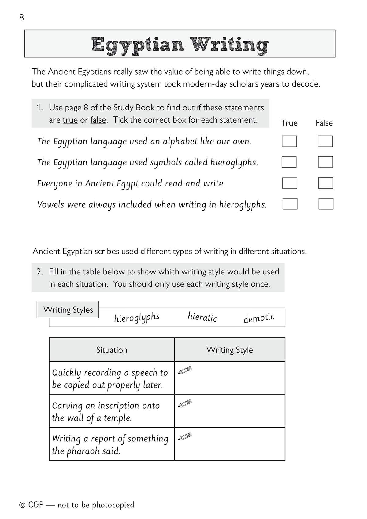 Children tick true or false statements about Egyptian writing, then match situations to hieroglyphs, hieratic or demotic