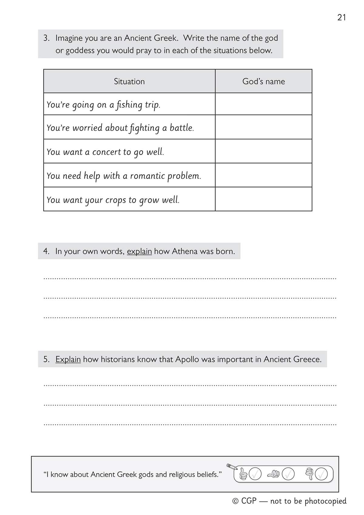 Children match situations to Greek gods, then write short explanations about Athena and Apollo