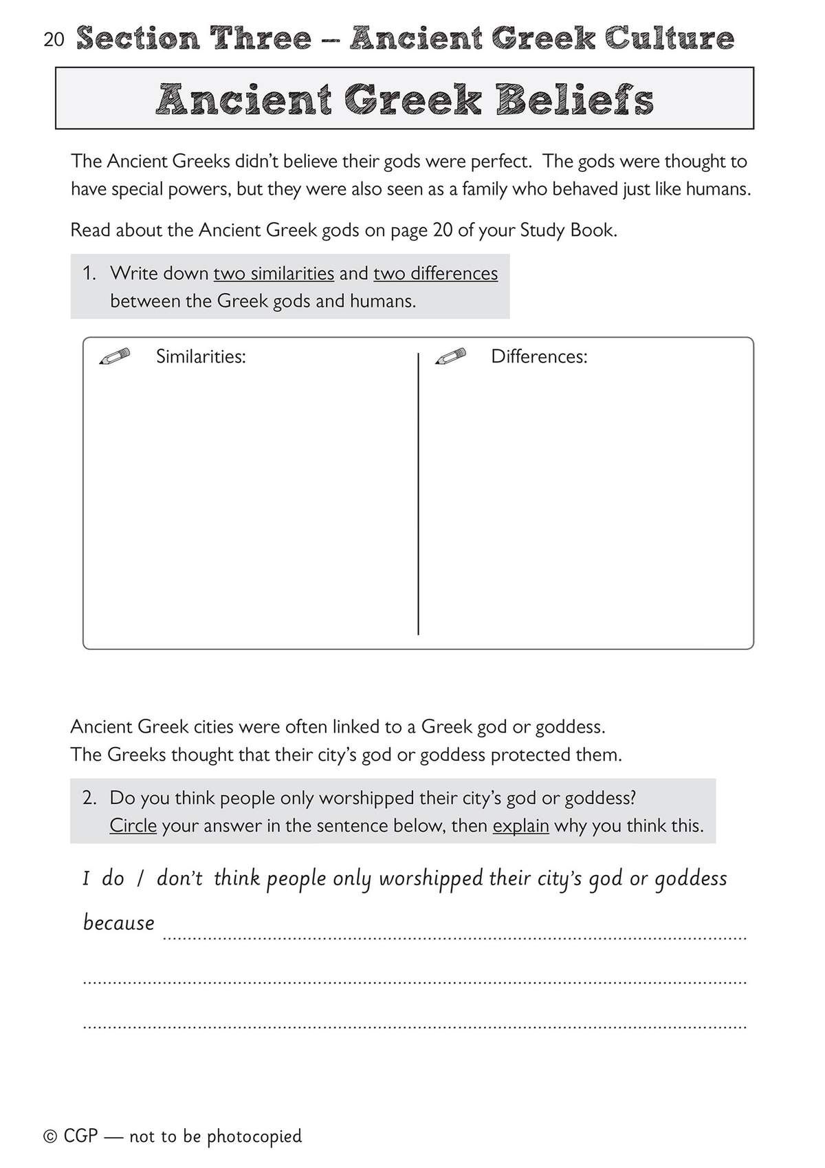 Children write similarities and differences between Greek gods and humans, then circle an opinion and explain their reasoning