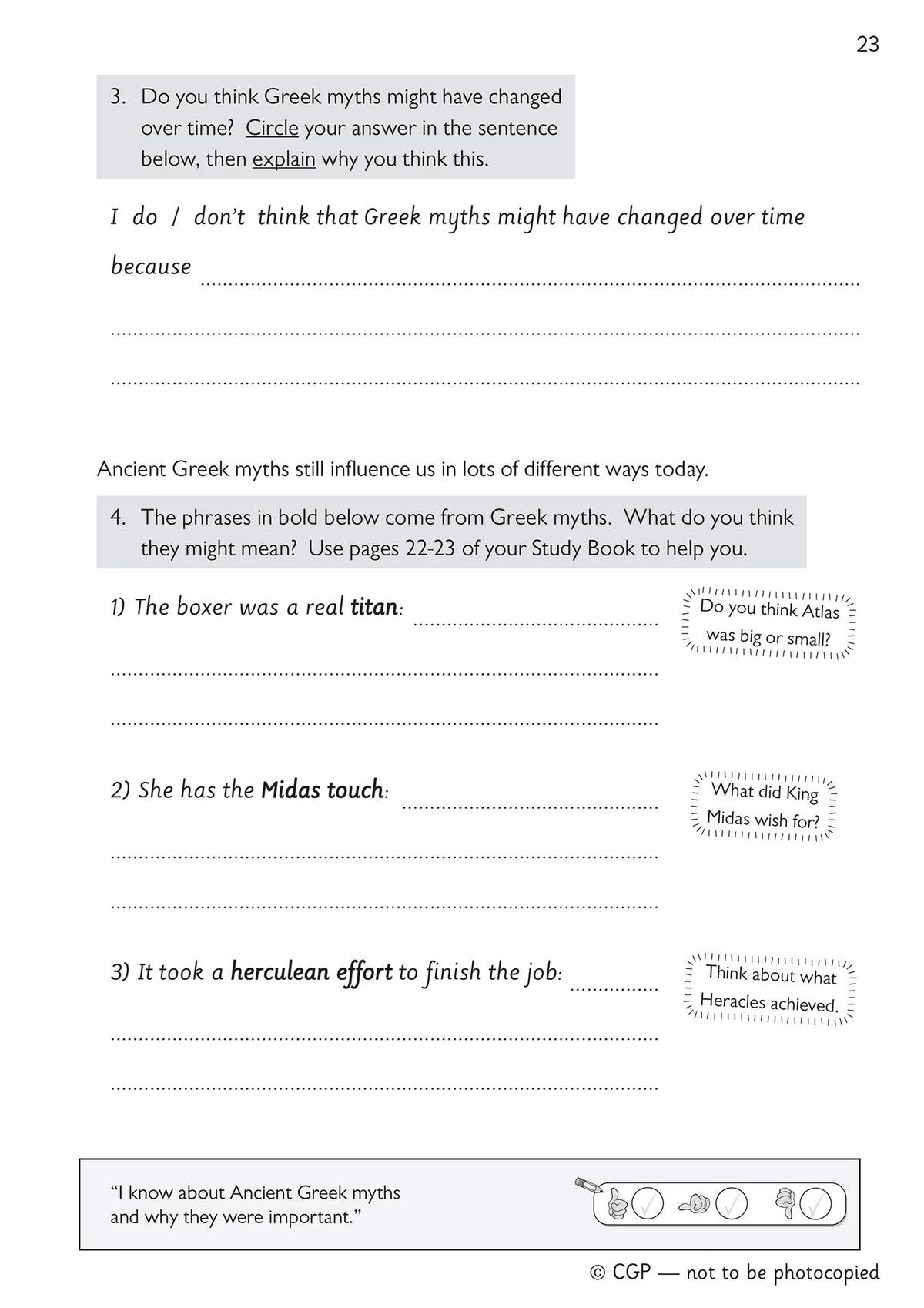 Children circle their opinion on changing myths, then write explanations and define idioms like 'titan' and 'Midas touch'
