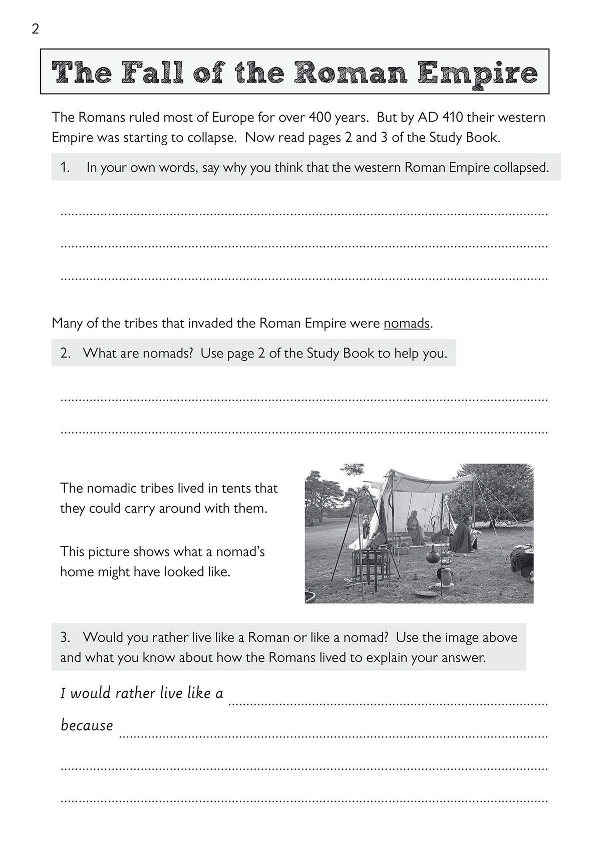 A short text on the collapse of the Roman Empire, with three questions asking children to explain causes, define nomads