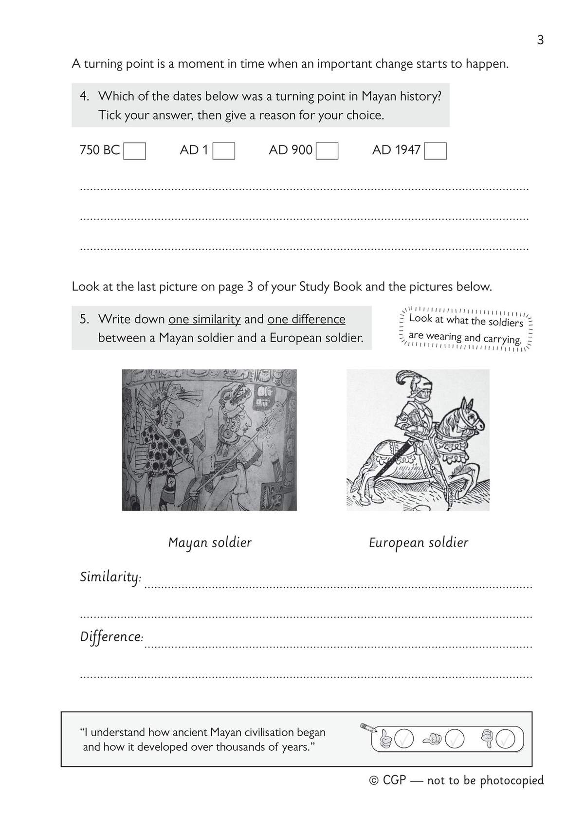 Children tick a date to identify a turning point in Mayan history, then compare Mayan and European soldiers using provided