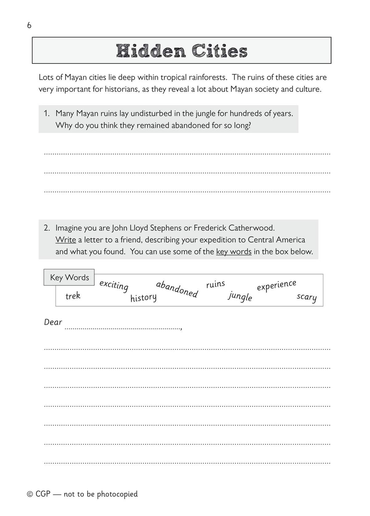 A short text about Mayan ruins leads into two tasks: a short answer question and a letter-writing exercise using a word bank
