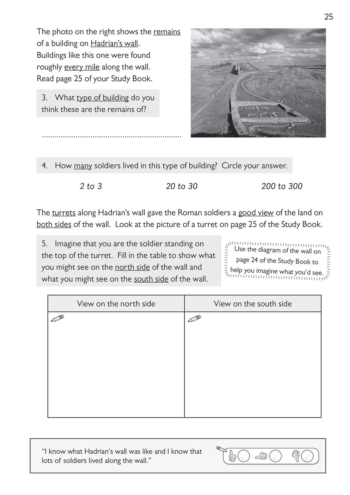 Children answer questions about Roman forts, circle soldier numbers, and fill in a table to describe views from the wall