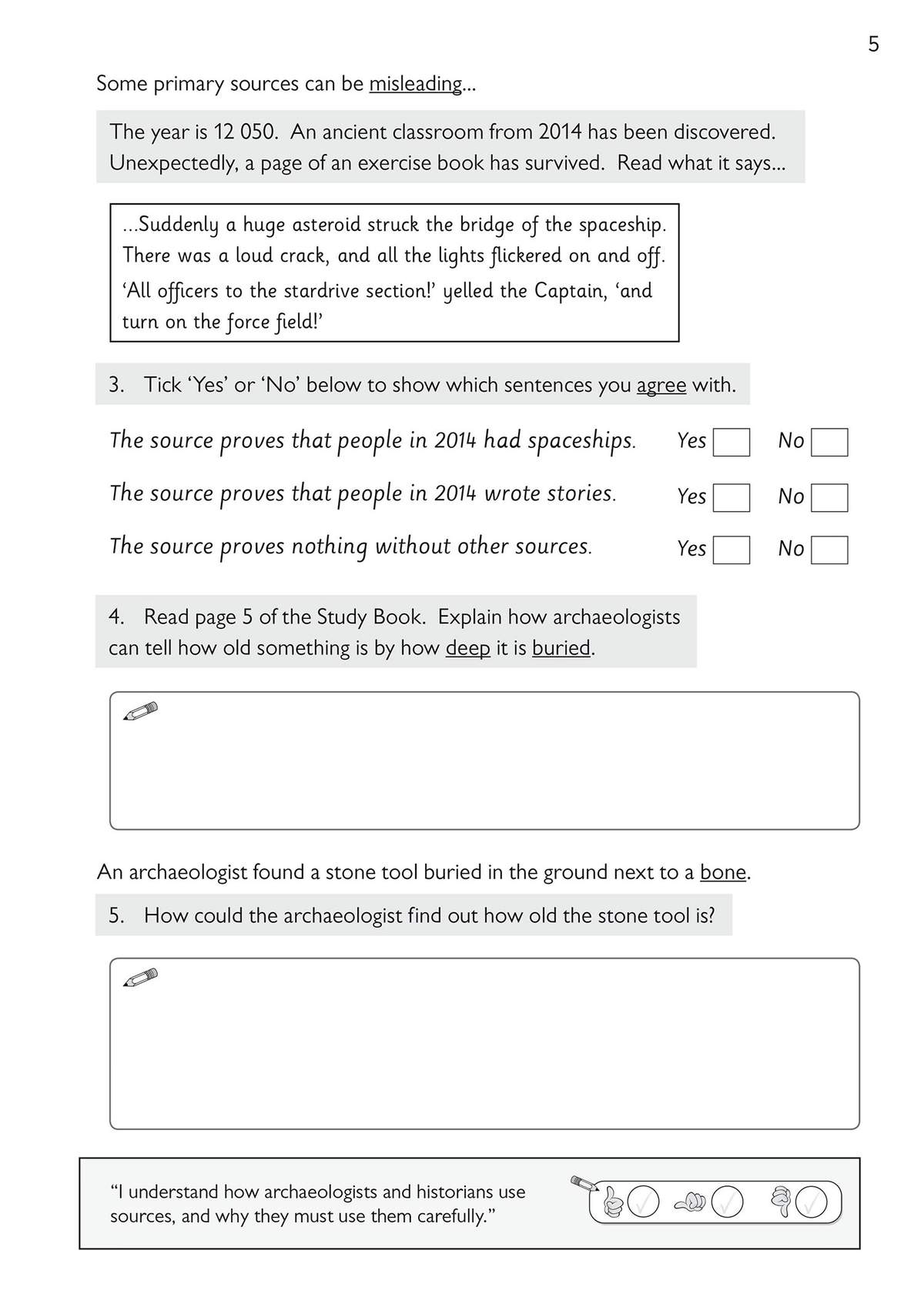 A short reading passage about a spaceship, followed by questions to tick and write answers about evaluating sources