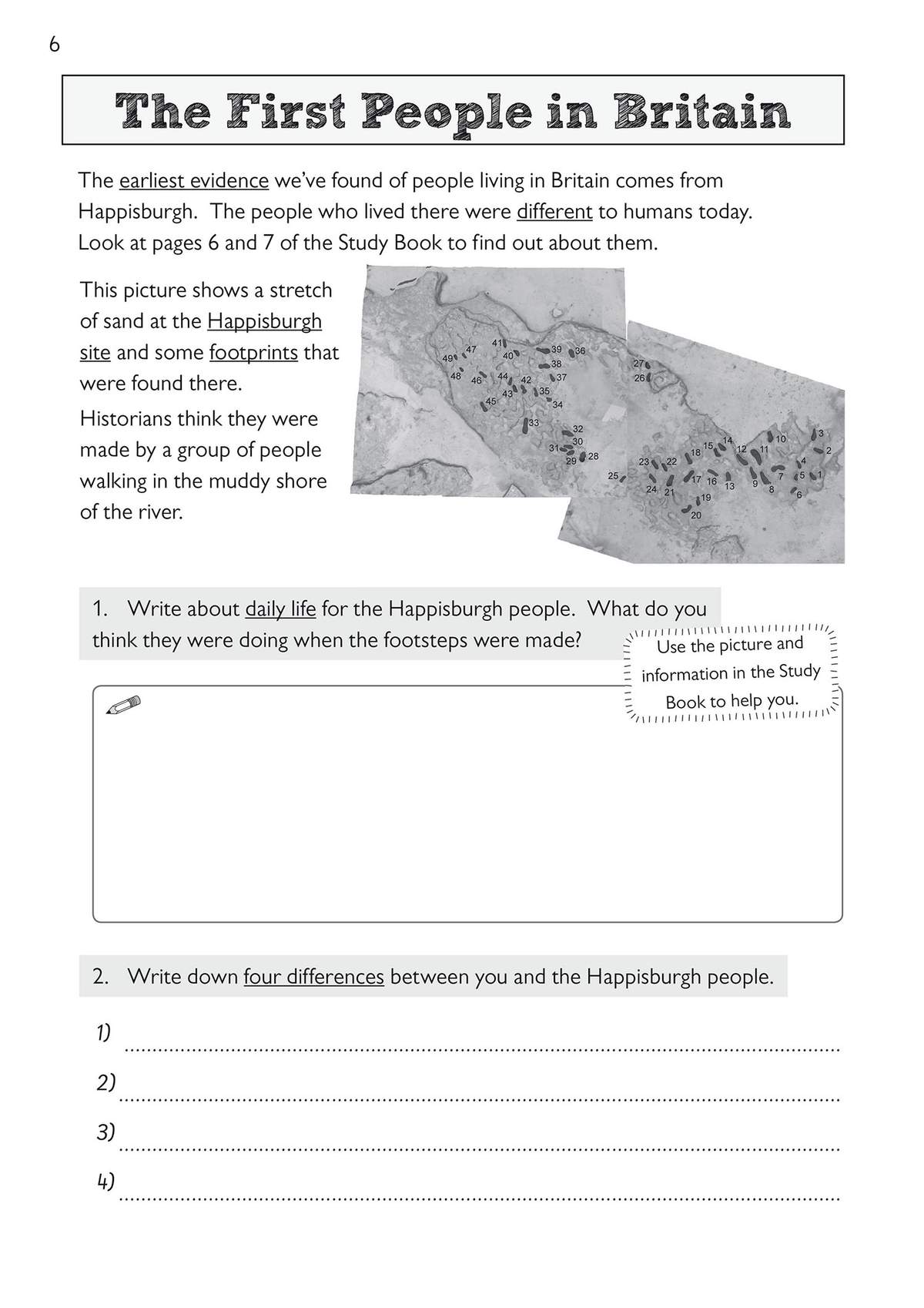 A short text about the Happisburgh site is followed by two writing tasks: one open-ended paragraph and one list of four
