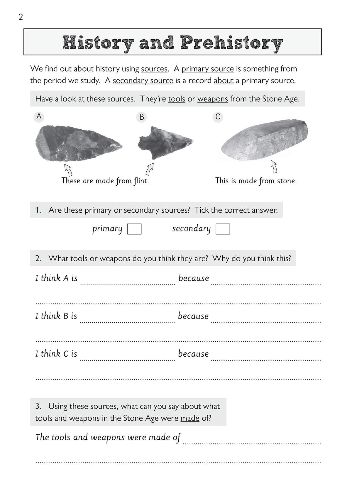 Children identify Stone Age tools as primary sources and write reasons for their choices