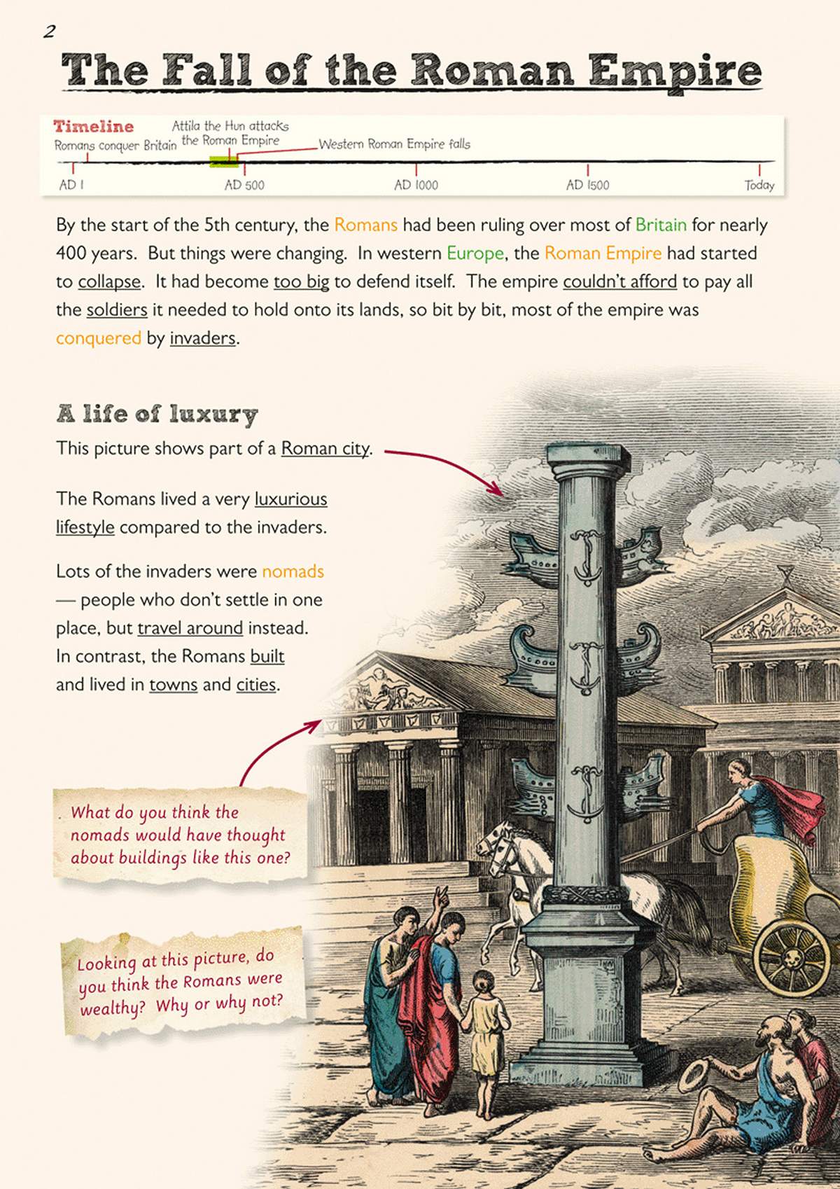 A page explaining the collapse of the Roman Empire with a timeline and a detailed illustration of a Roman city to help