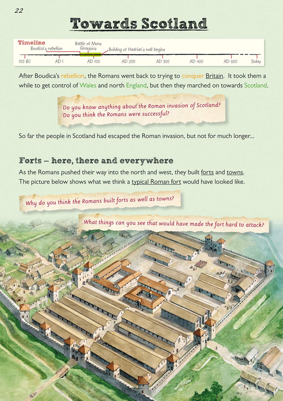 A text explains Roman expansion into Scotland, supported by a timeline and a large watercolour of a fort