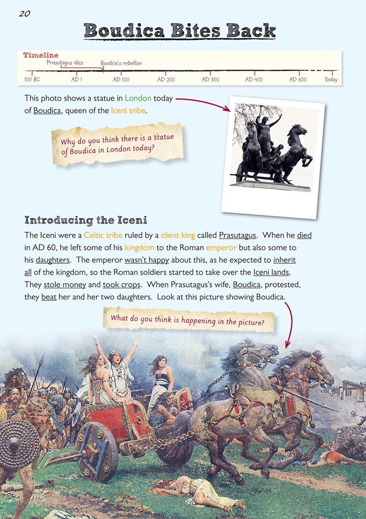 A page explaining the Iceni tribe and Boudica, with a timeline, a photo of a statue