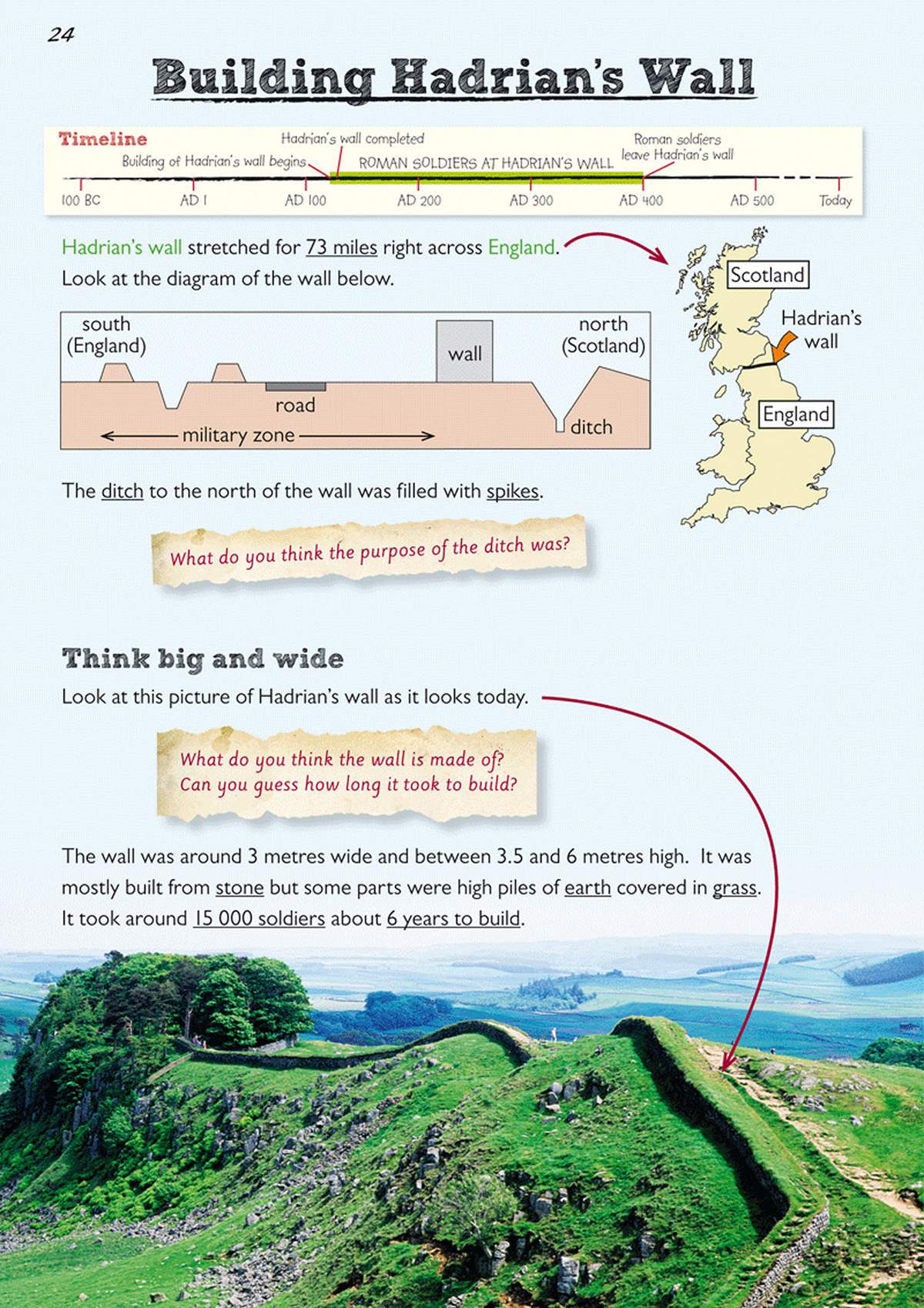 A page explaining the construction of Hadrian's Wall with a timeline, map, and photo