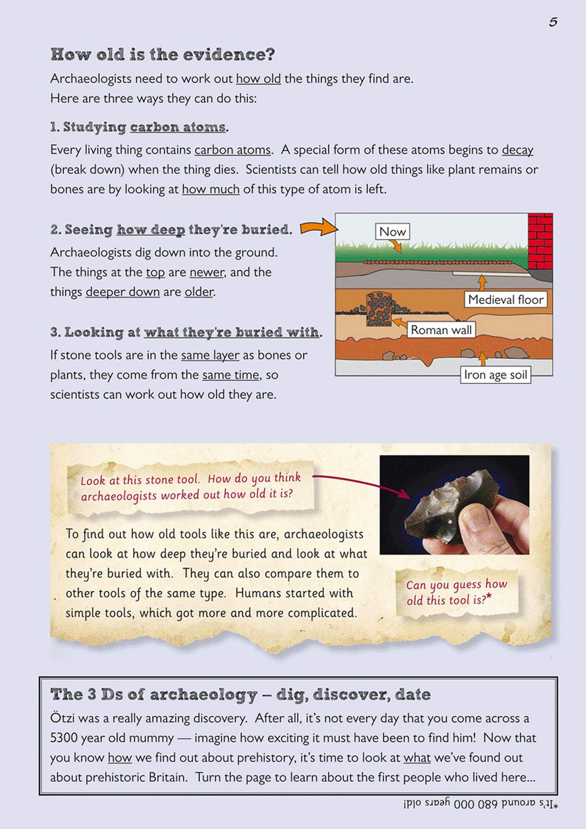 This page explains three ways archaeologists date finds, using a diagram of a dig site and a photo of a stone tool