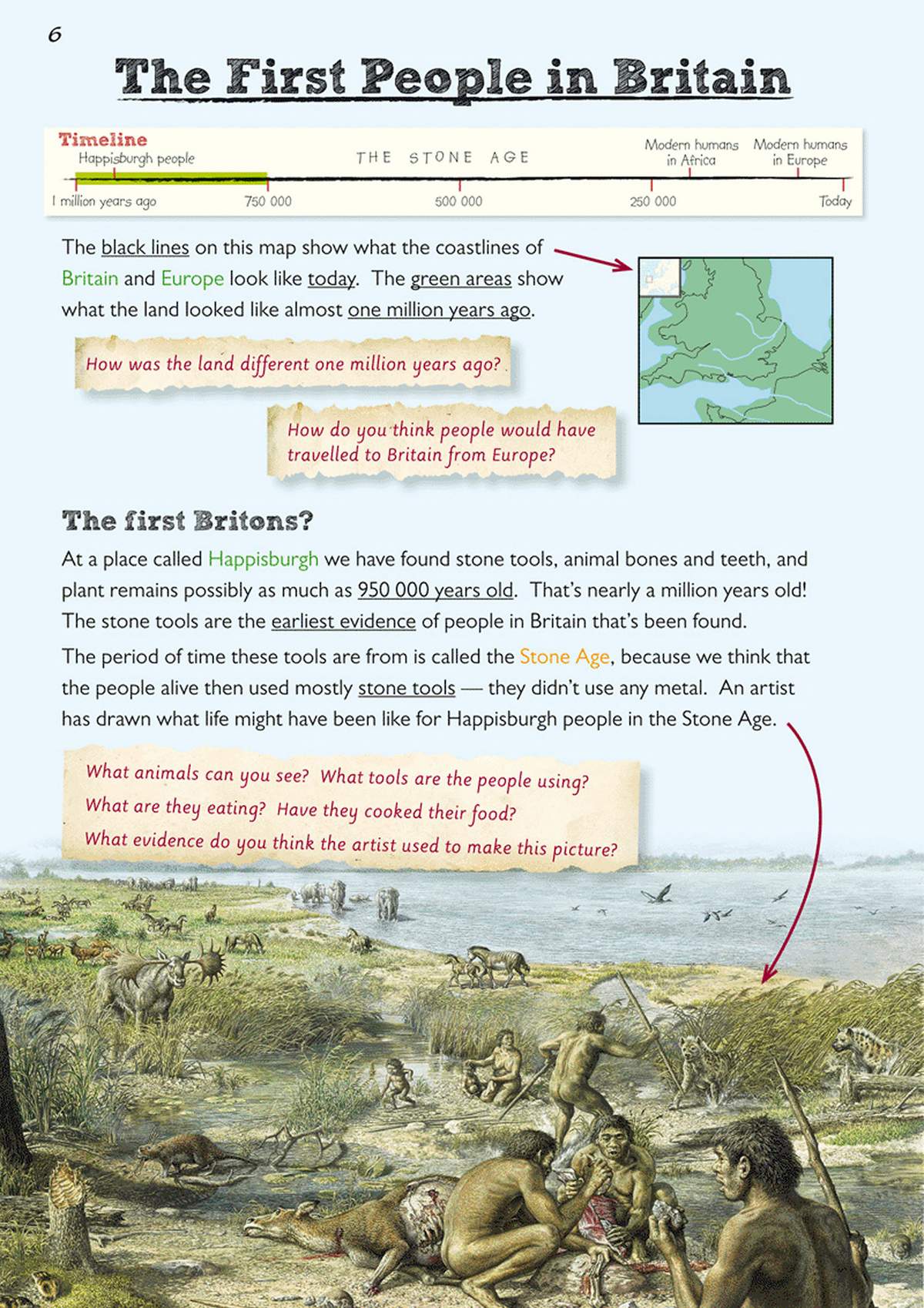 A page explaining the Stone Age with a map and a detailed illustration, followed by questions to check understanding