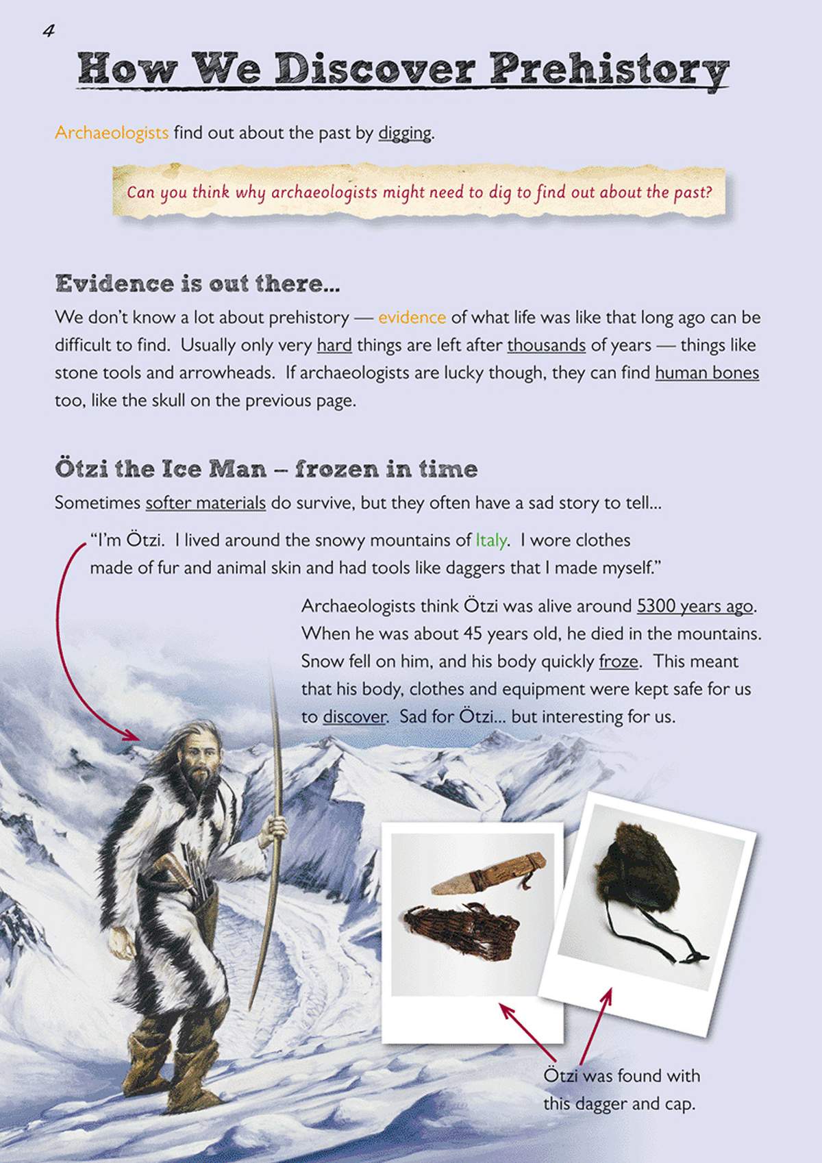 A page explaining how archaeologists find evidence, featuring a story about &Ouml;tzi the Ice Man and illustrations of his tools