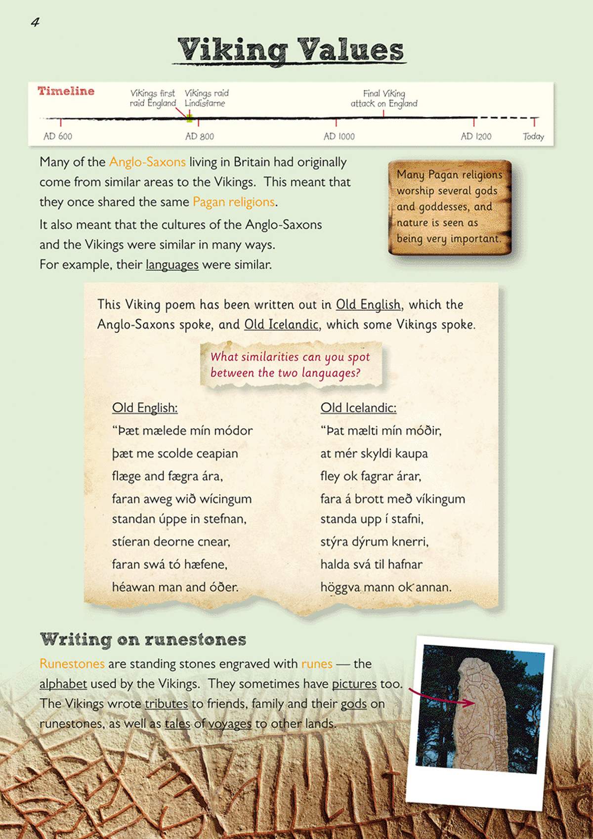 A page explaining Viking values with a timeline, a poem to compare in Old English and Old Icelandic
