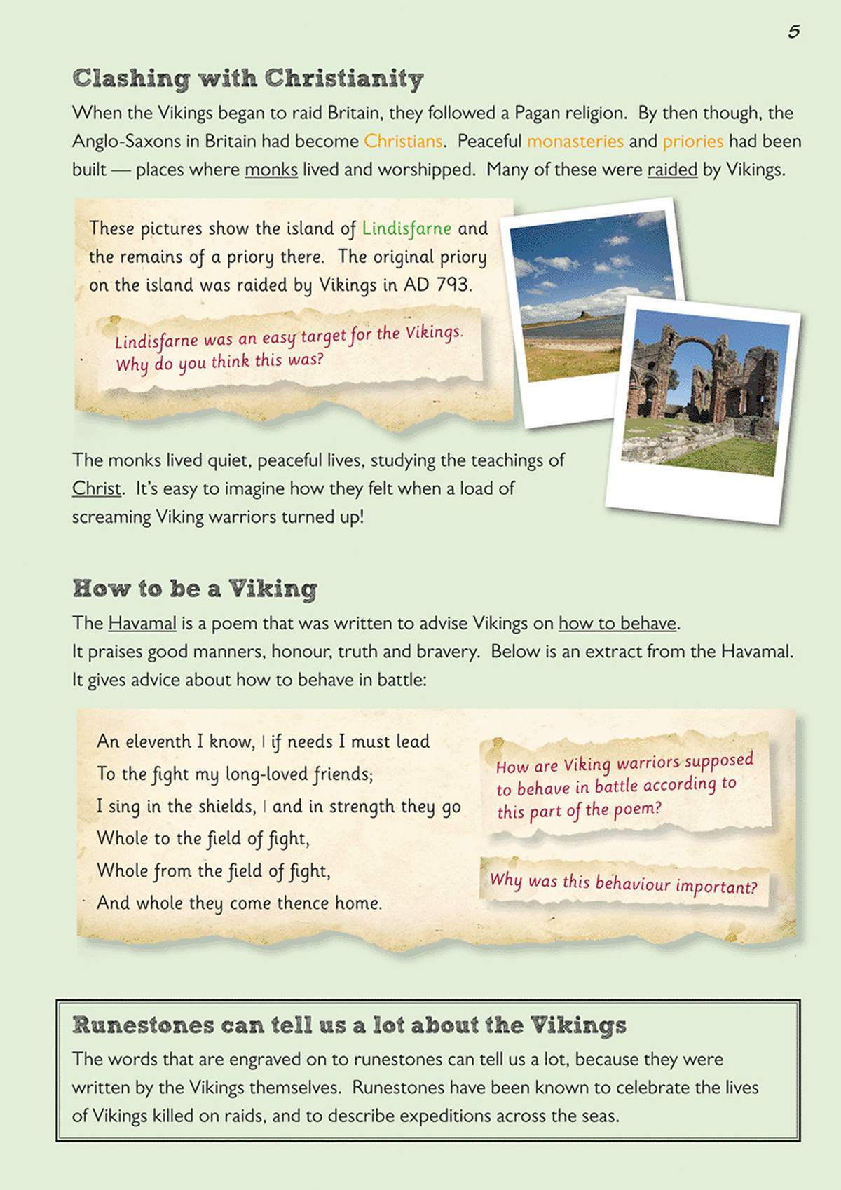 This page explains how Vikings raided peaceful Christian monasteries, using photos of Lindisfarne and a poem extract