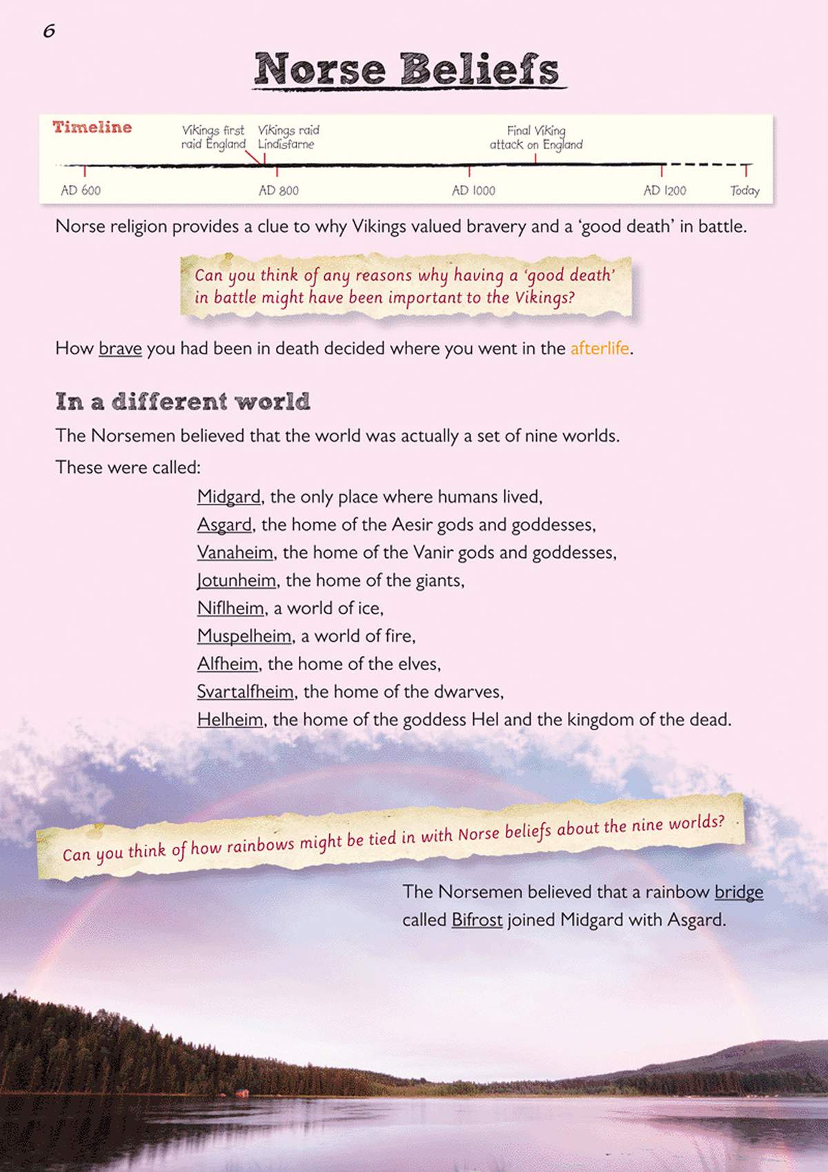 A page explaining Norse beliefs about the afterlife and nine worlds, with a timeline and two questions to encourage reasoning
