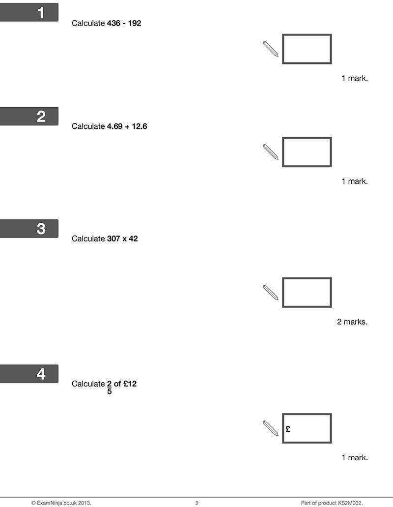 Four short calculation questions covering subtraction, addition, multiplication and fractions of money