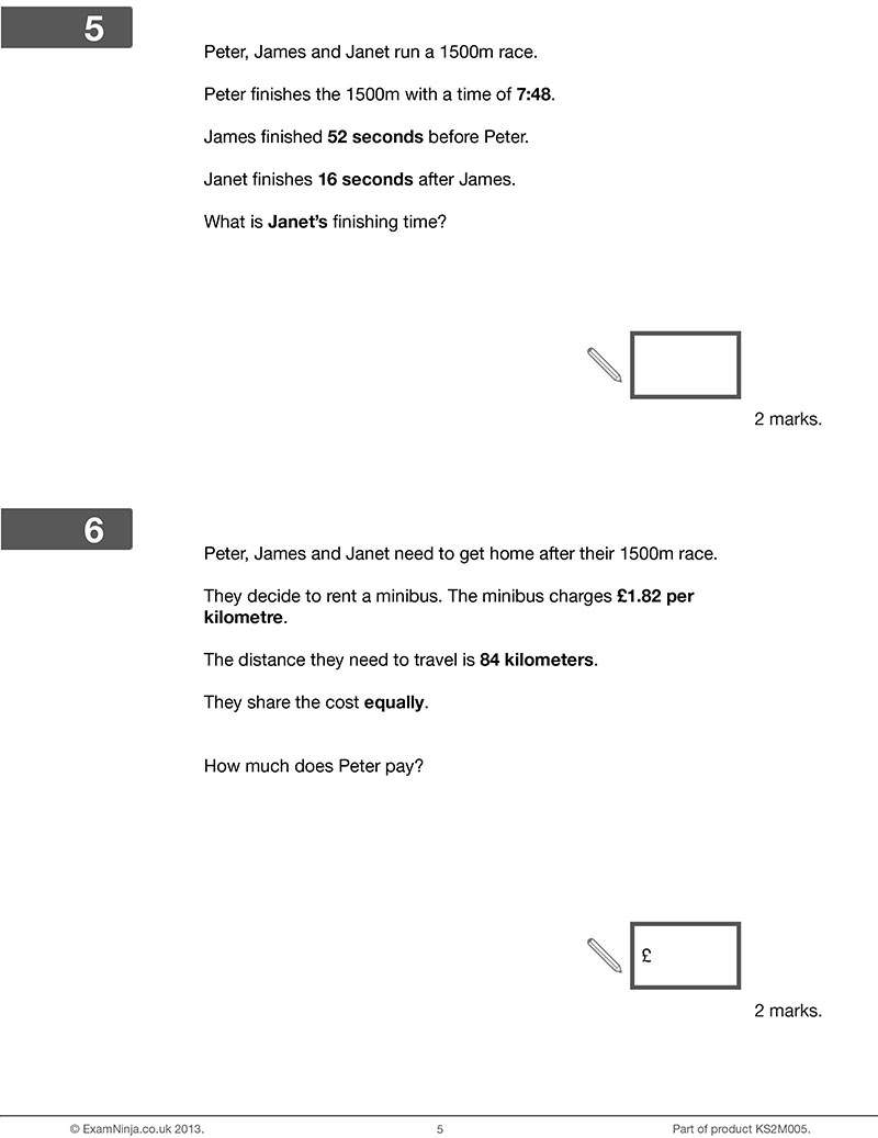 Two word problems on time and money, with boxes for answers and marks shown