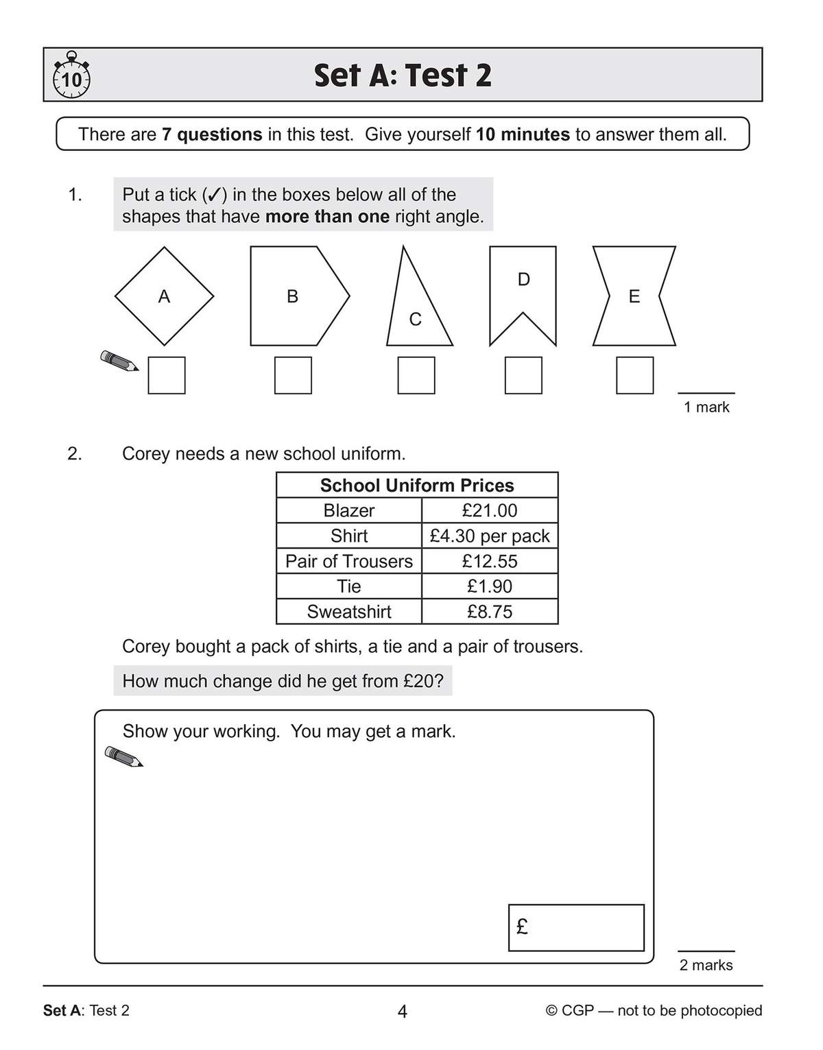 A timed test page with two questions: identifying shapes with multiple right angles and calculating change from a purchase