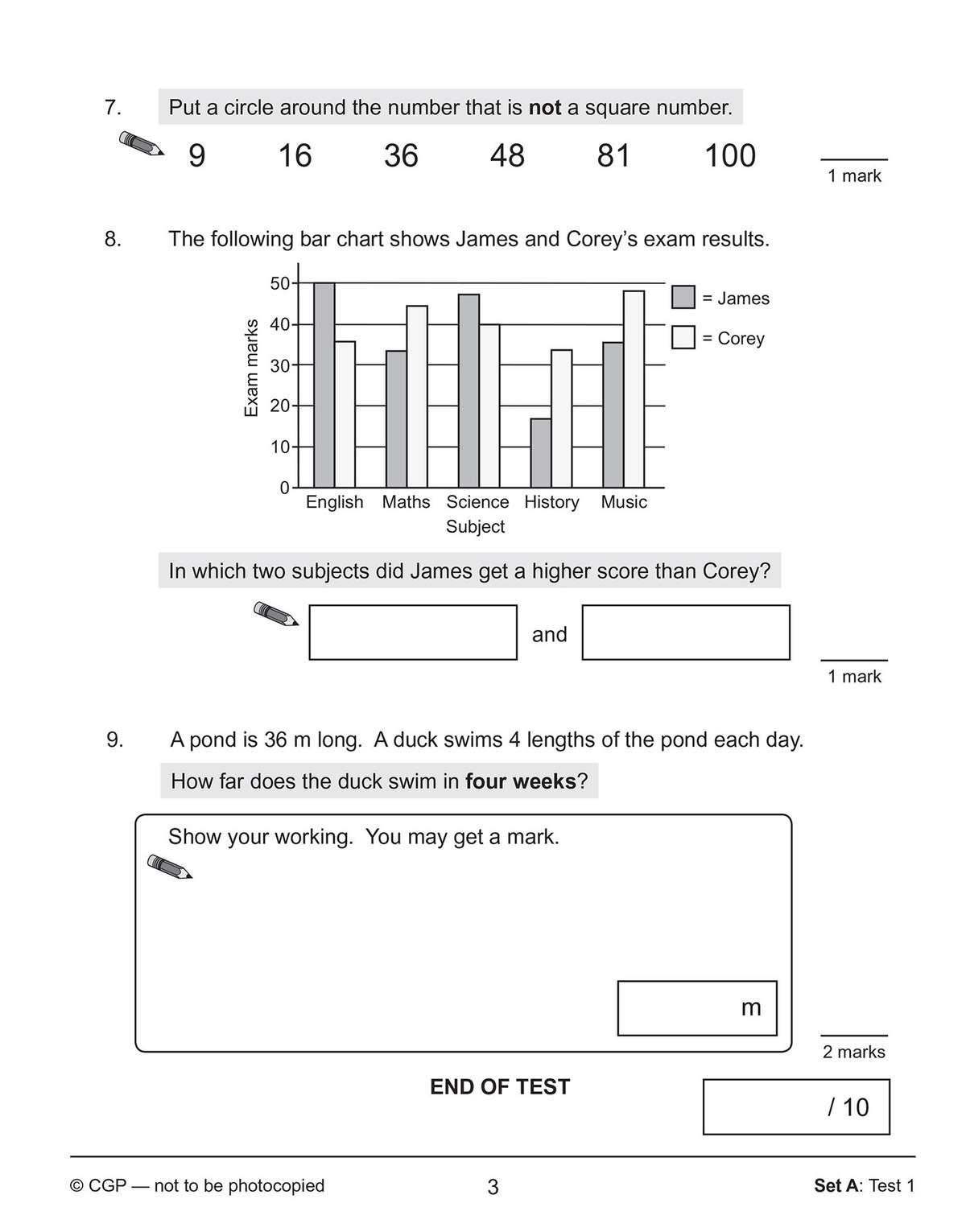 Three questions test number recognition, bar chart analysis, and multi-step calculations with a space to show working