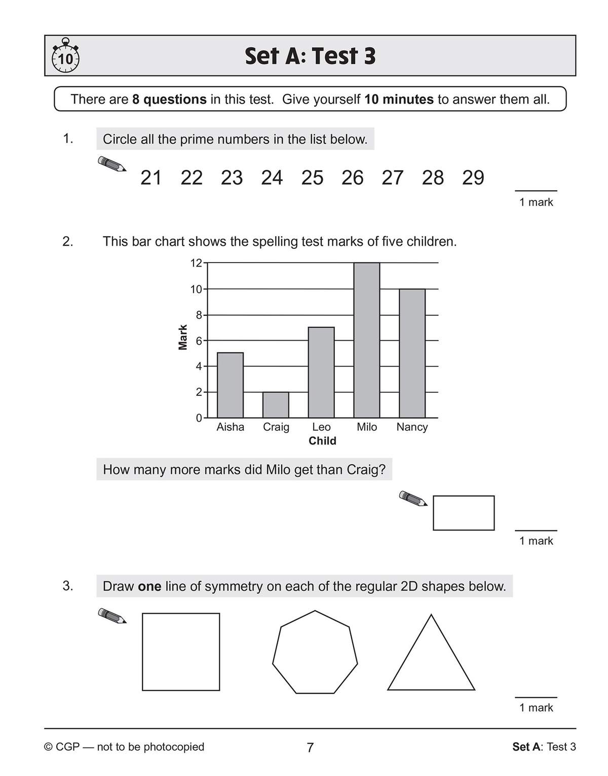 A timed test with three questions on prime numbers, bar charts, and symmetry