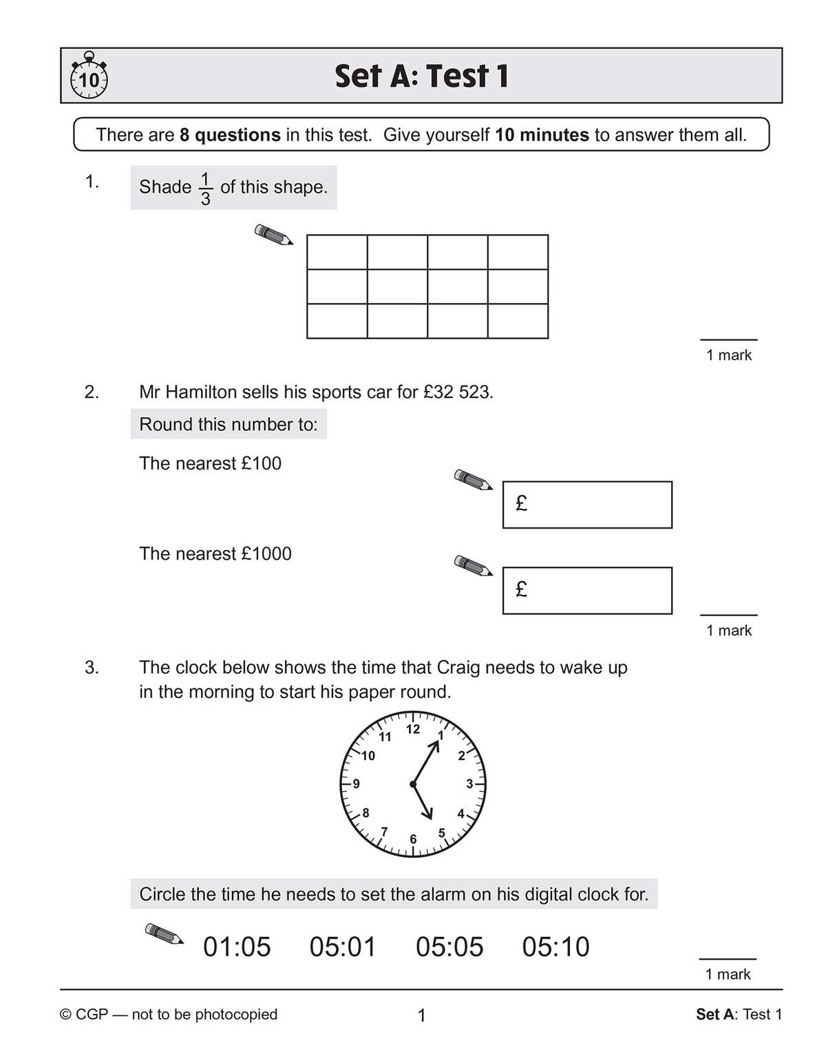 A timed test page with three questions on fractions, rounding, and reading a clock face