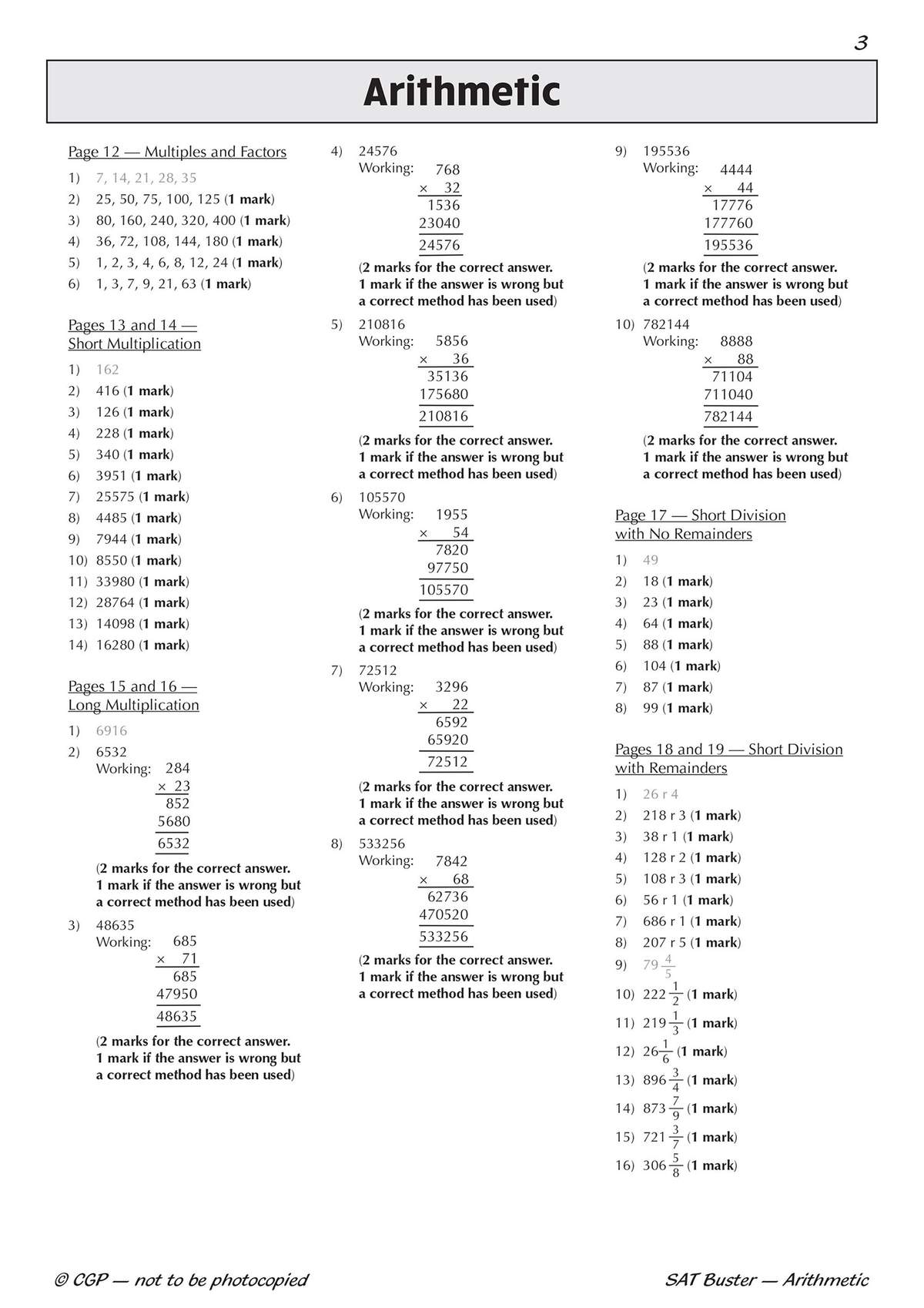 A dense page of KS2 SATs arithmetic questions covering multiplication, division and factors