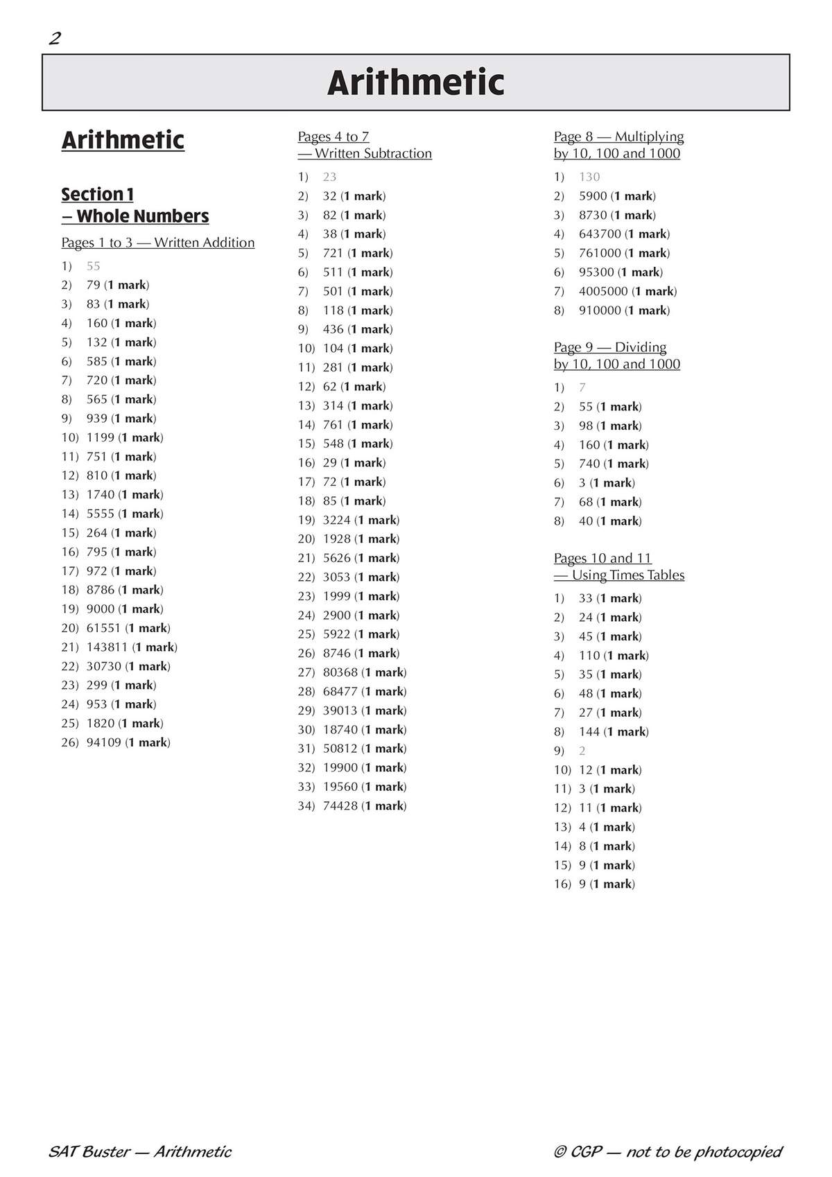 A contents page listing arithmetic topics like addition, subtraction, multiplication and division with page numbers