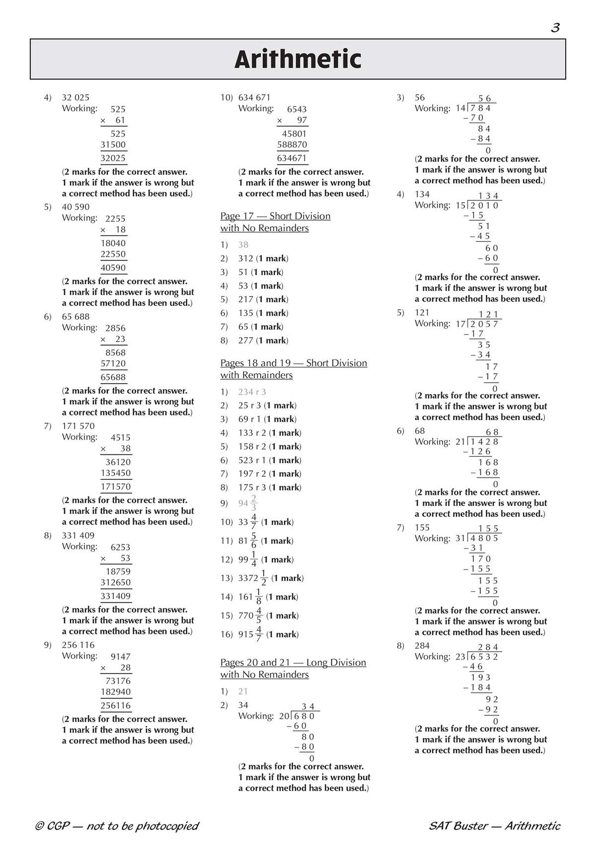 A page of long multiplication and division problems with worked examples and mark schemes for each question