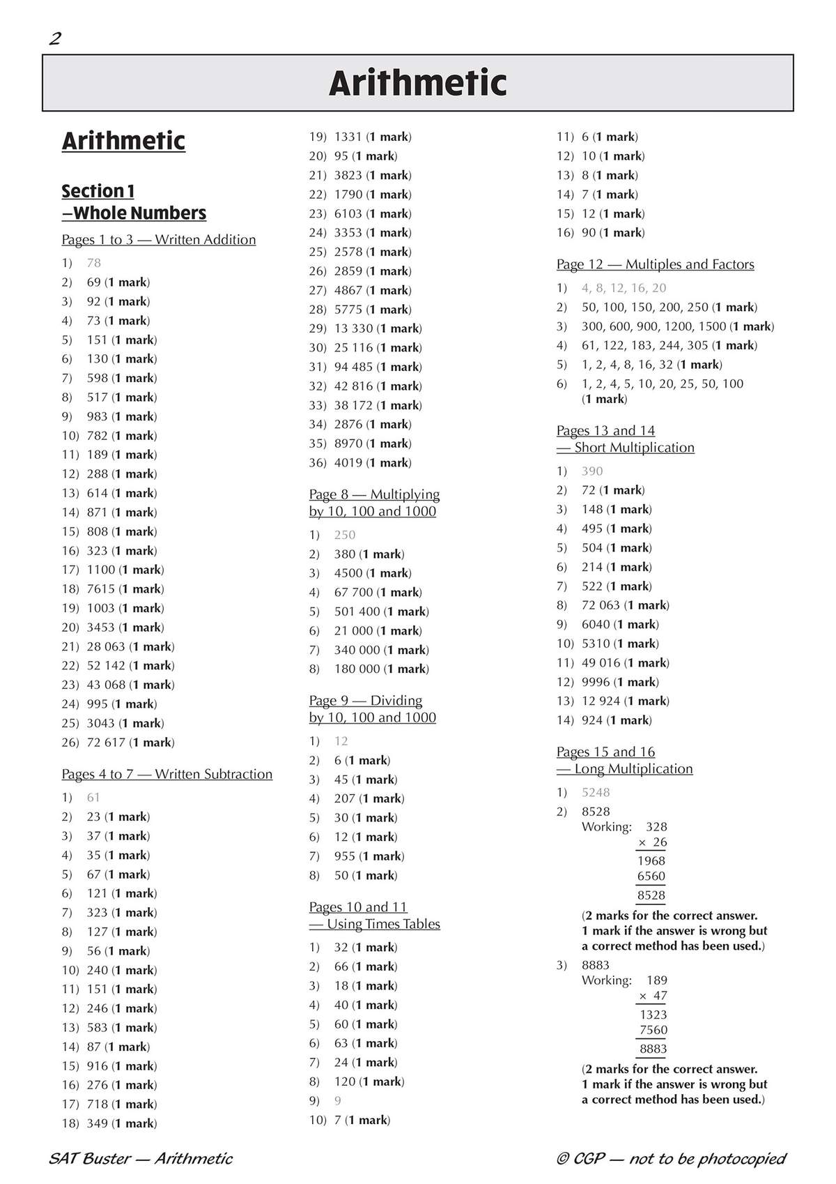 A page of worked solutions for Year 6 SATs arithmetic questions, showing correct answers and calculation methods