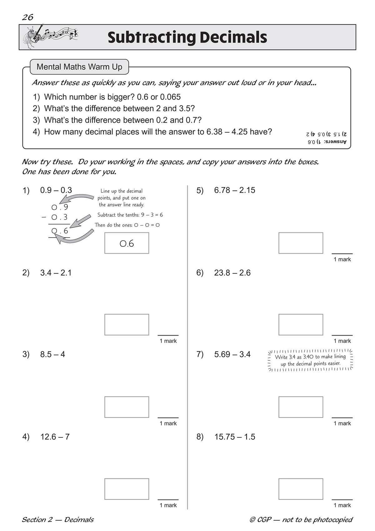 Eight subtraction problems for Year 6 pupils to solve using the column method, with boxes for answers and a worked example
