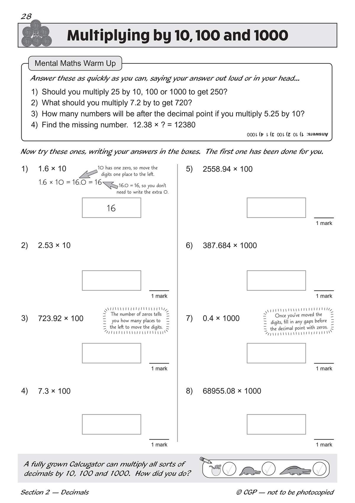 Children answer mental maths questions and fill in boxes to practise multiplying decimals by 10, 100 and 1000