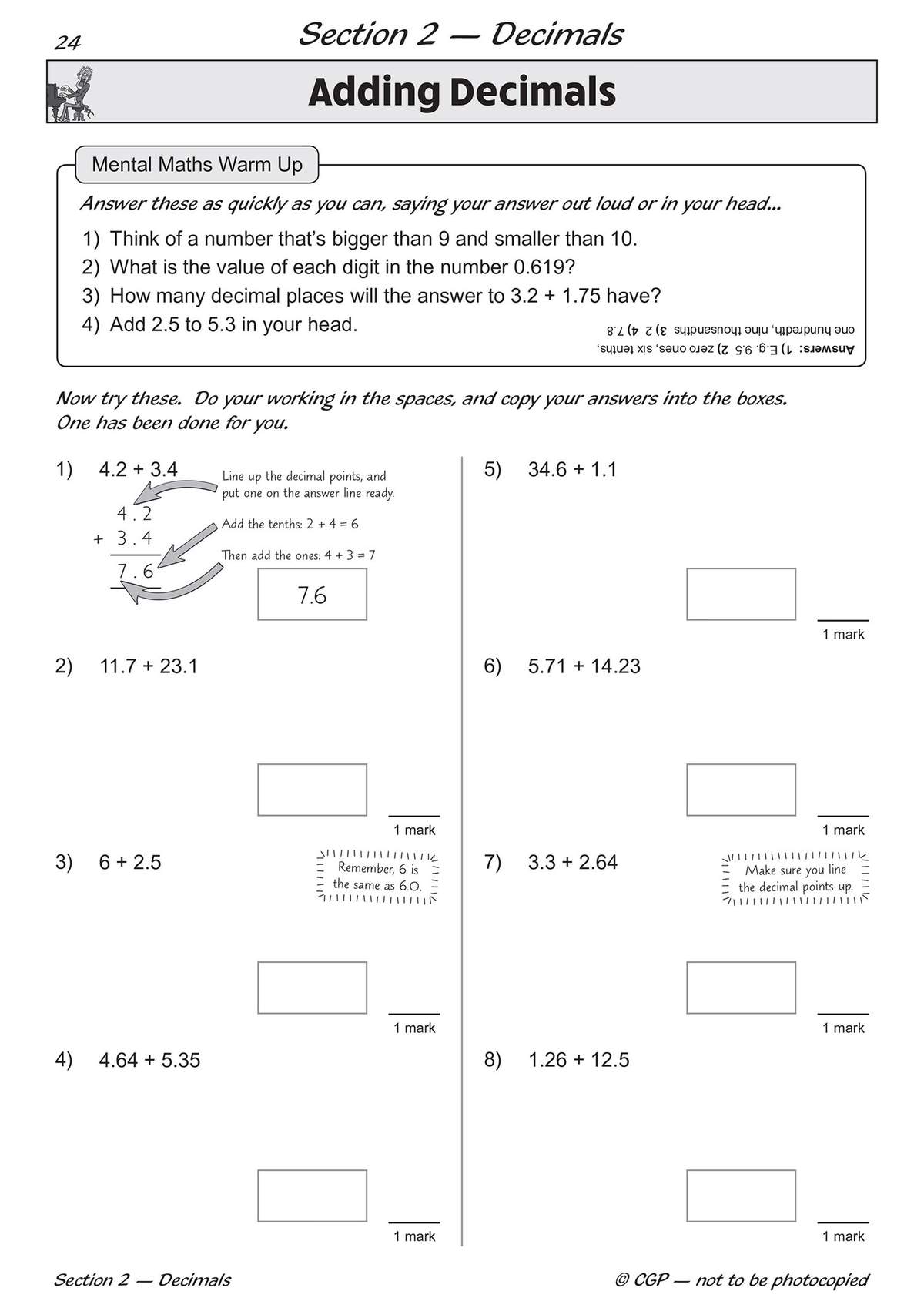 Eight addition problems for Year 6 pupils to solve using the column method, with boxes for answers and marks shown