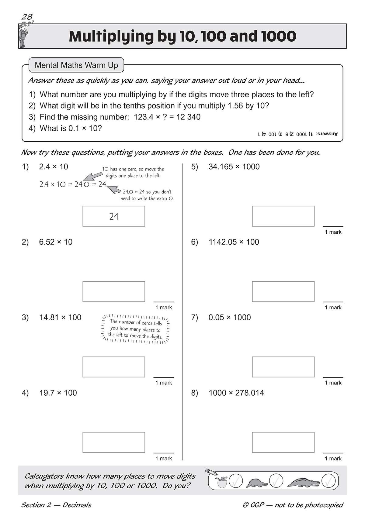 Children solve eight multiplication problems involving decimals and powers of ten, using boxes to write their answers