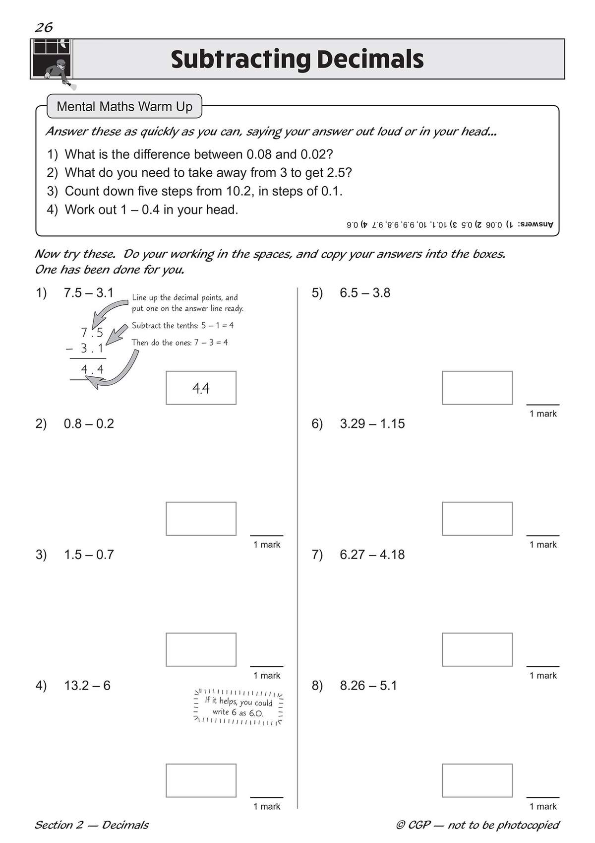 Children practise subtracting decimals using column methods, with a worked example and boxes to write answers