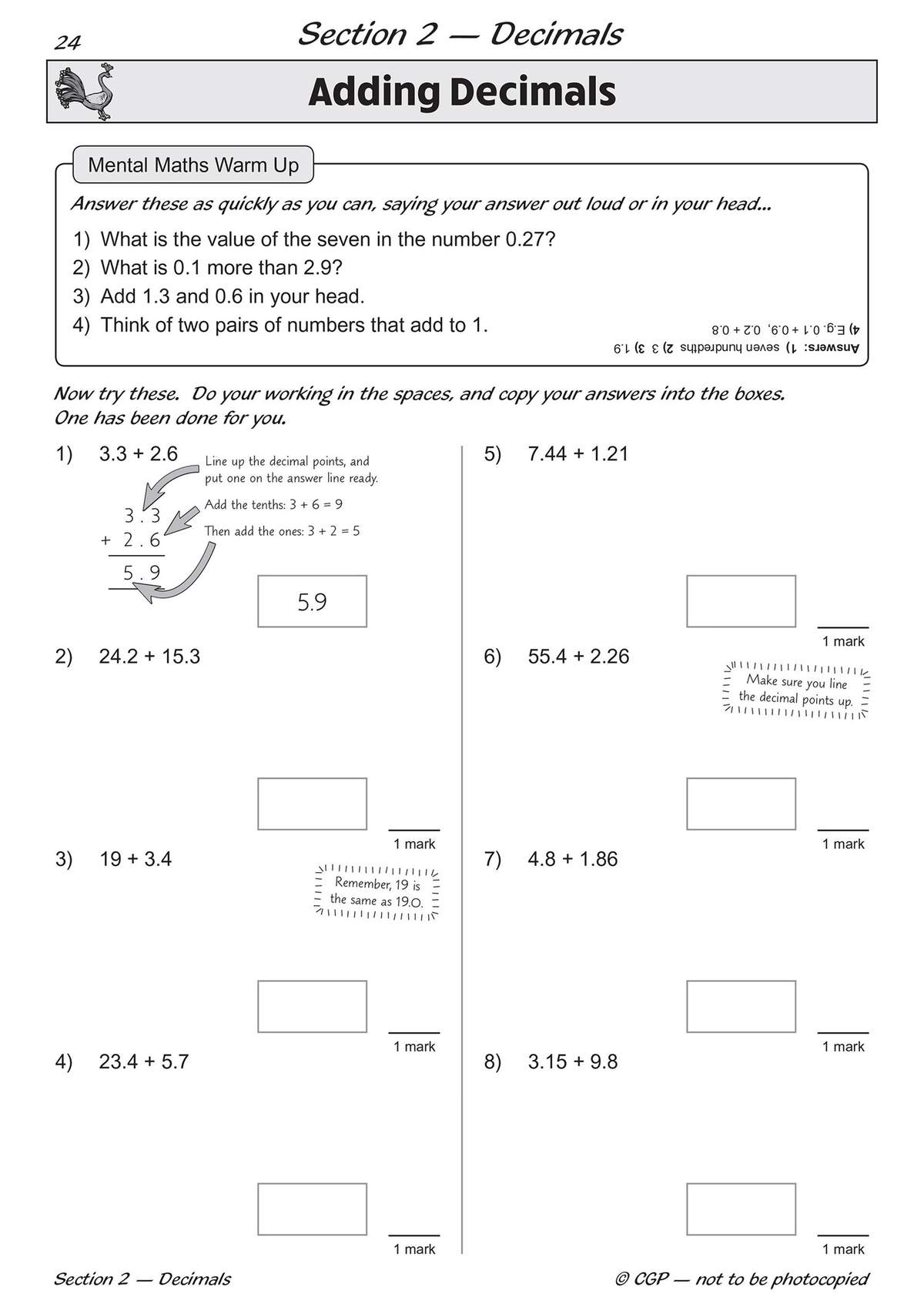 Eight decimal addition problems with boxes for answers and a worked example showing how to line up points