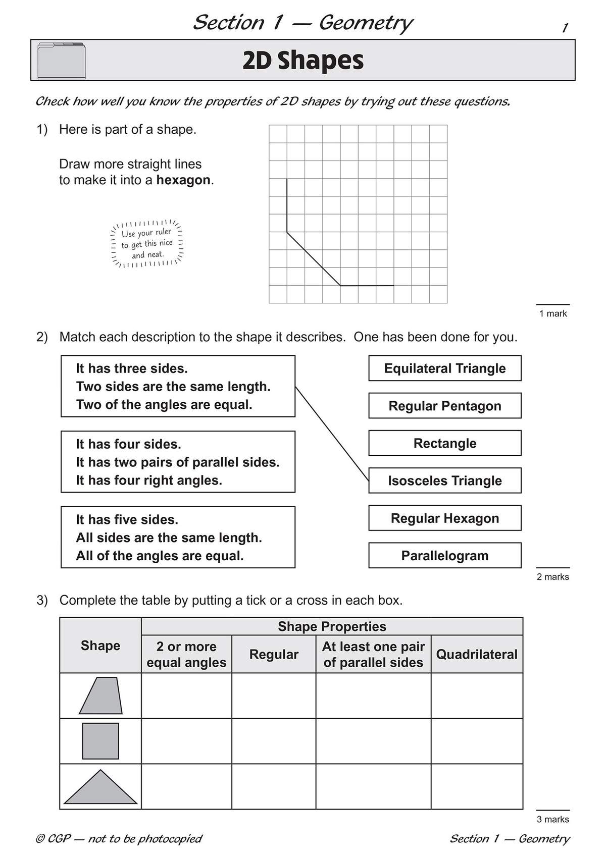 Year 6 pupils draw lines to complete a hexagon, match shape descriptions to names