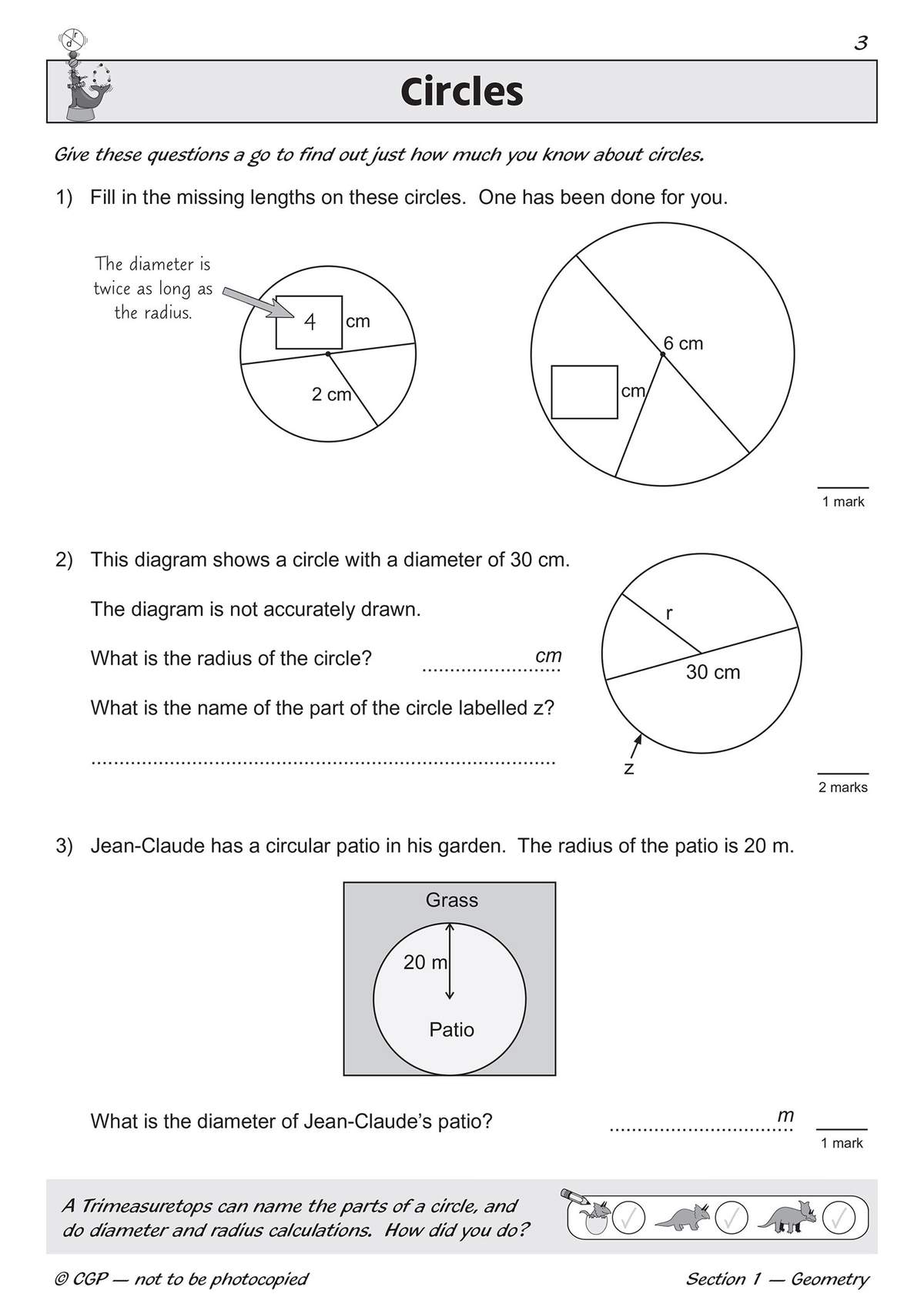 Three questions on circles where children calculate missing lengths and identify parts of diagrams