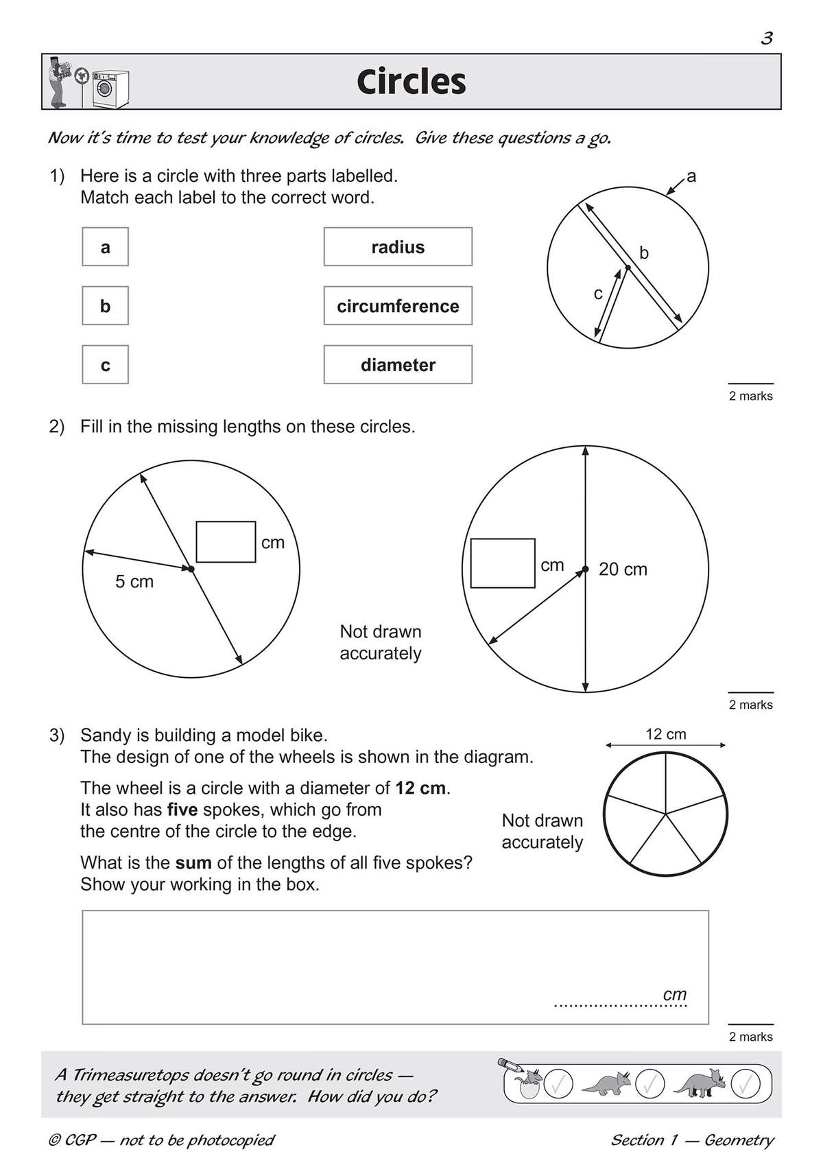 Three geometry questions on circles, including matching parts, calculating lengths, and summing spoke lengths